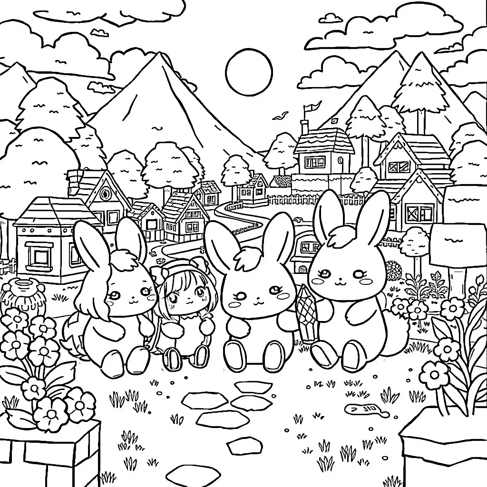 Cinnamoroll enjoying a picnic with friends in a scenic mountain town Coloring Page (free black-and-white line drawing printable PDF for all, from beginners to advanced learners, including children, teens, adults, and seniors)