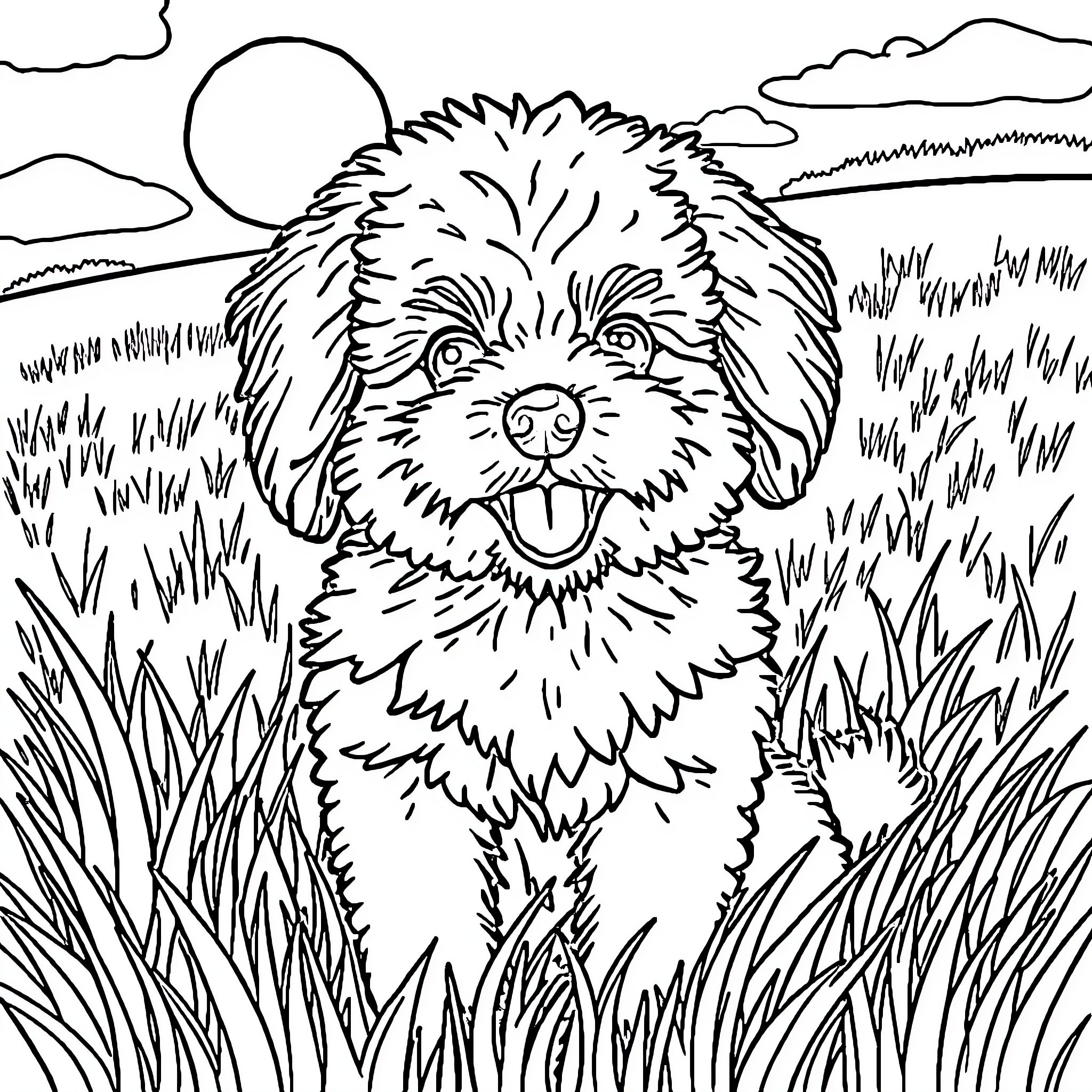 Poodle playing in the grassy field Coloring Page (free black-and-white line drawing printable PDF for all, from beginners to advanced learners, including children, teens, adults, and seniors)