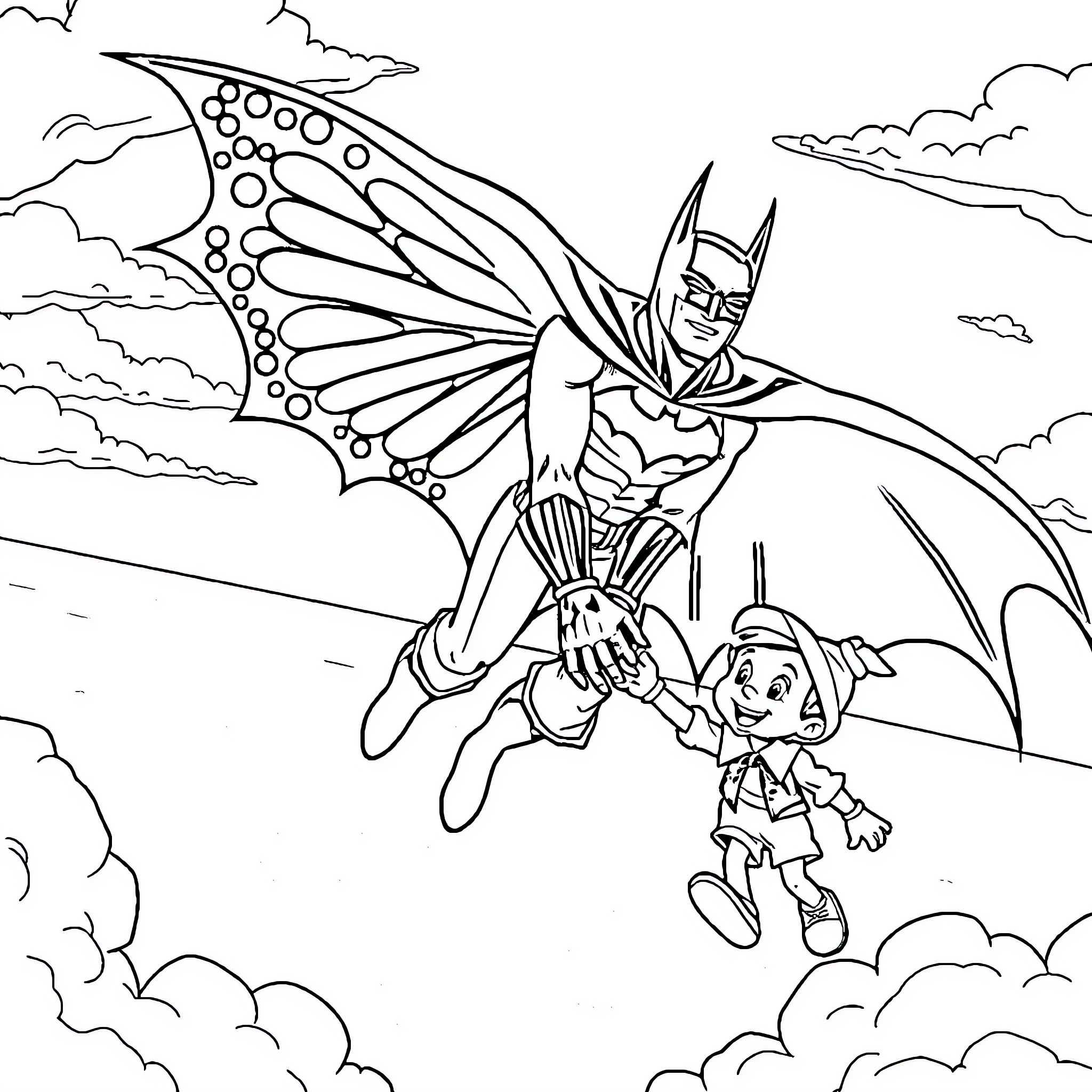 Batman Soaring with a Young Companion Coloring Page (free black-and-white line drawing printable PDF for all, from beginners to advanced learners, including children, teens, adults, and seniors)