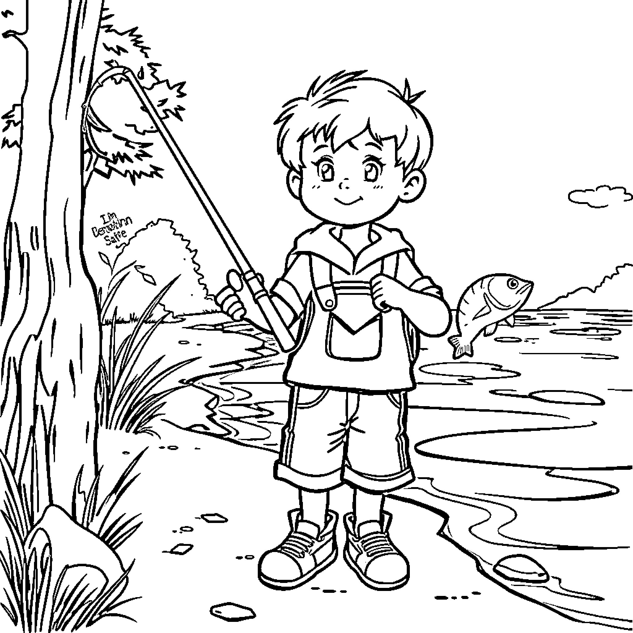 Boy fishing by the river in the woods Coloring Page (free black-and-white line drawing printable PDF for all, from beginners to advanced learners, including children, teens, adults, and seniors)