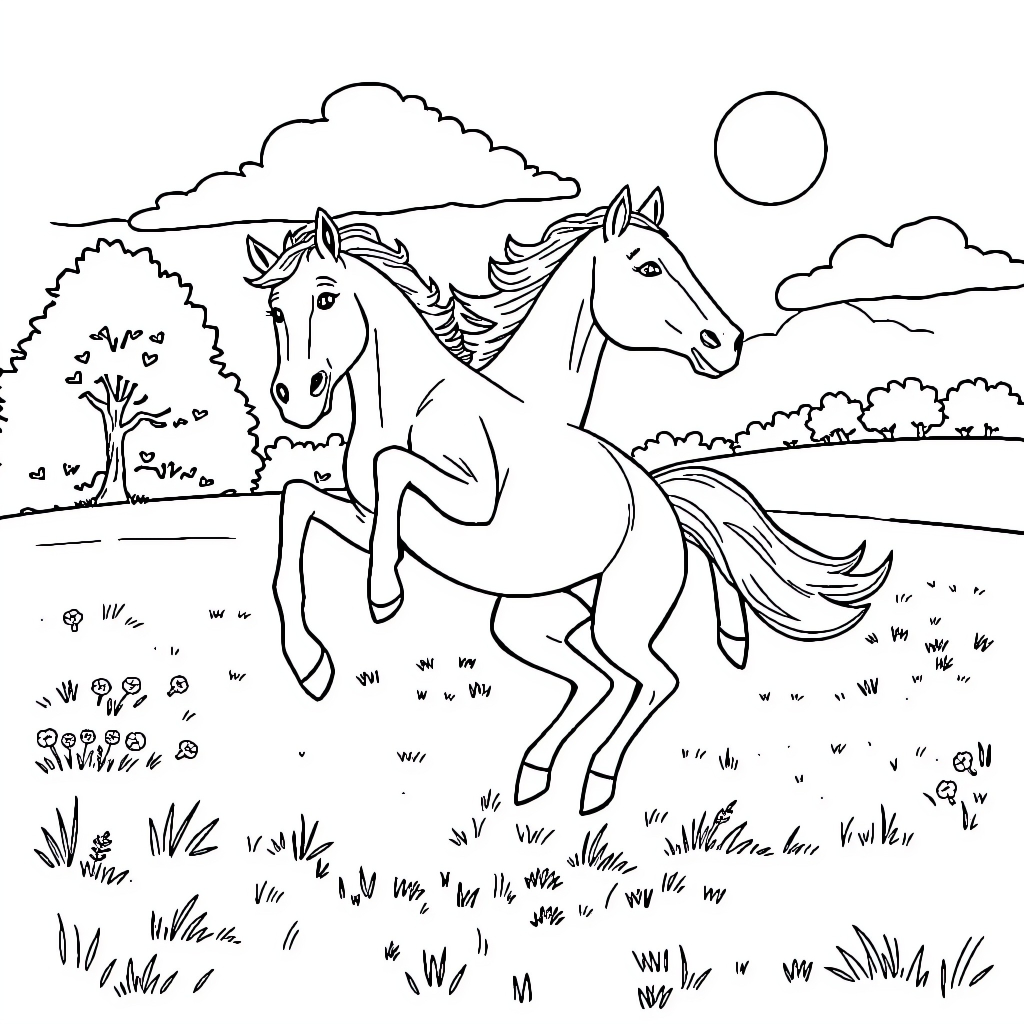 Horses galloping freely in a scenic landscape Coloring Page (free black-and-white line drawing printable PDF for all, from beginners to advanced learners, including children, teens, adults, and seniors)