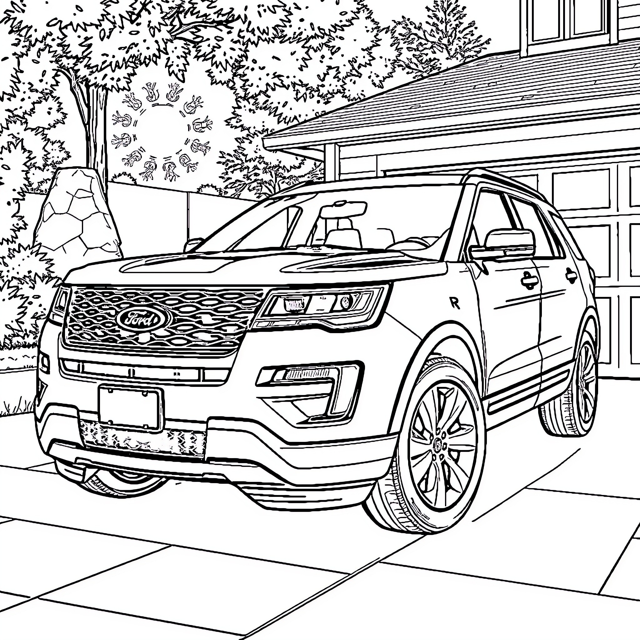 Ford SUV parked in front of house with trees Coloring Page (free black-and-white line drawing printable PDF for all, from beginners to advanced learners, including children, teens, adults, and seniors)