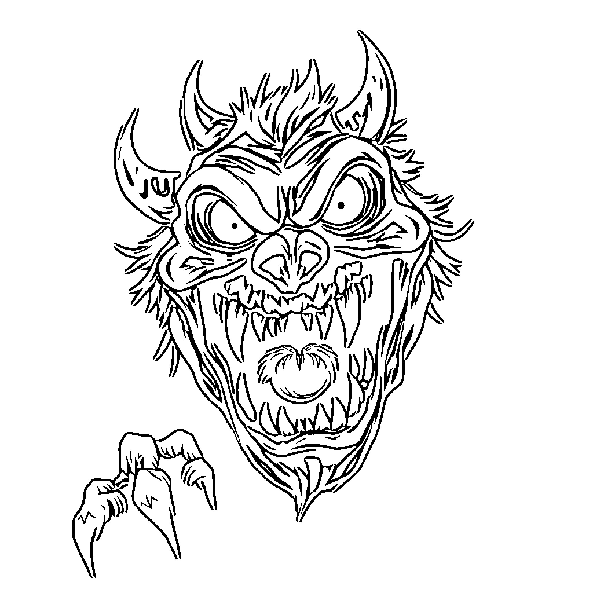 Monster with Fearsome Expression and Sharp Claws Coloring Page (free black-and-white line drawing printable PDF for all, from beginners to advanced learners, including children, teens, adults, and seniors)