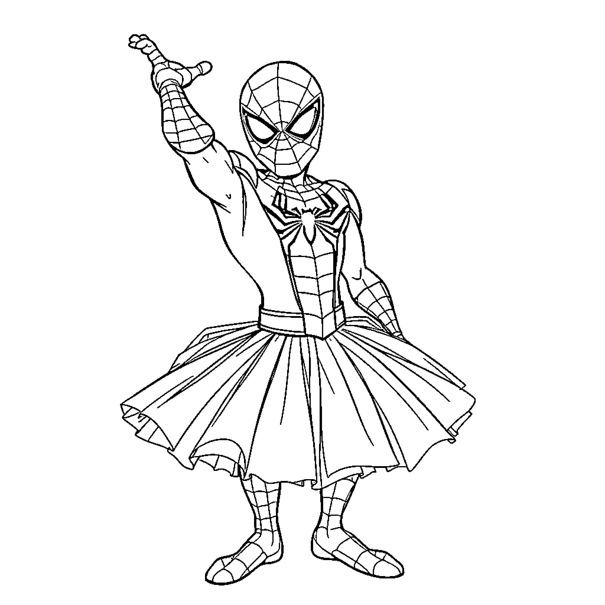 Spider-Man striking a heroic pose in a costume Coloring Page (free black-and-white line drawing printable PDF for all, from beginners to advanced learners, including children, teens, adults, and seniors)