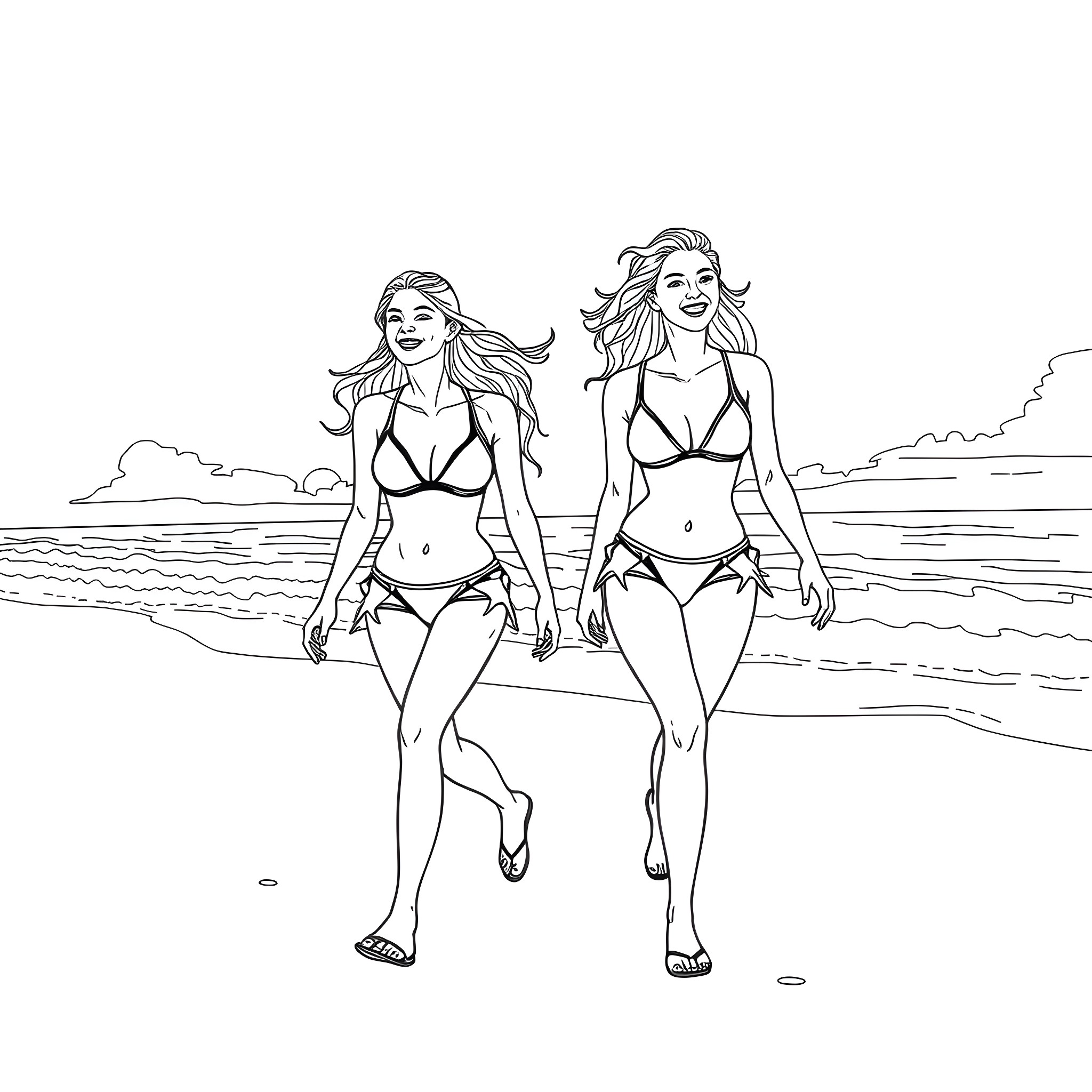 Teens enjoying beach time in swimwear Coloring Page (free black-and-white line drawing printable PDF for all, from beginners to advanced learners, including children, teens, adults, and seniors)