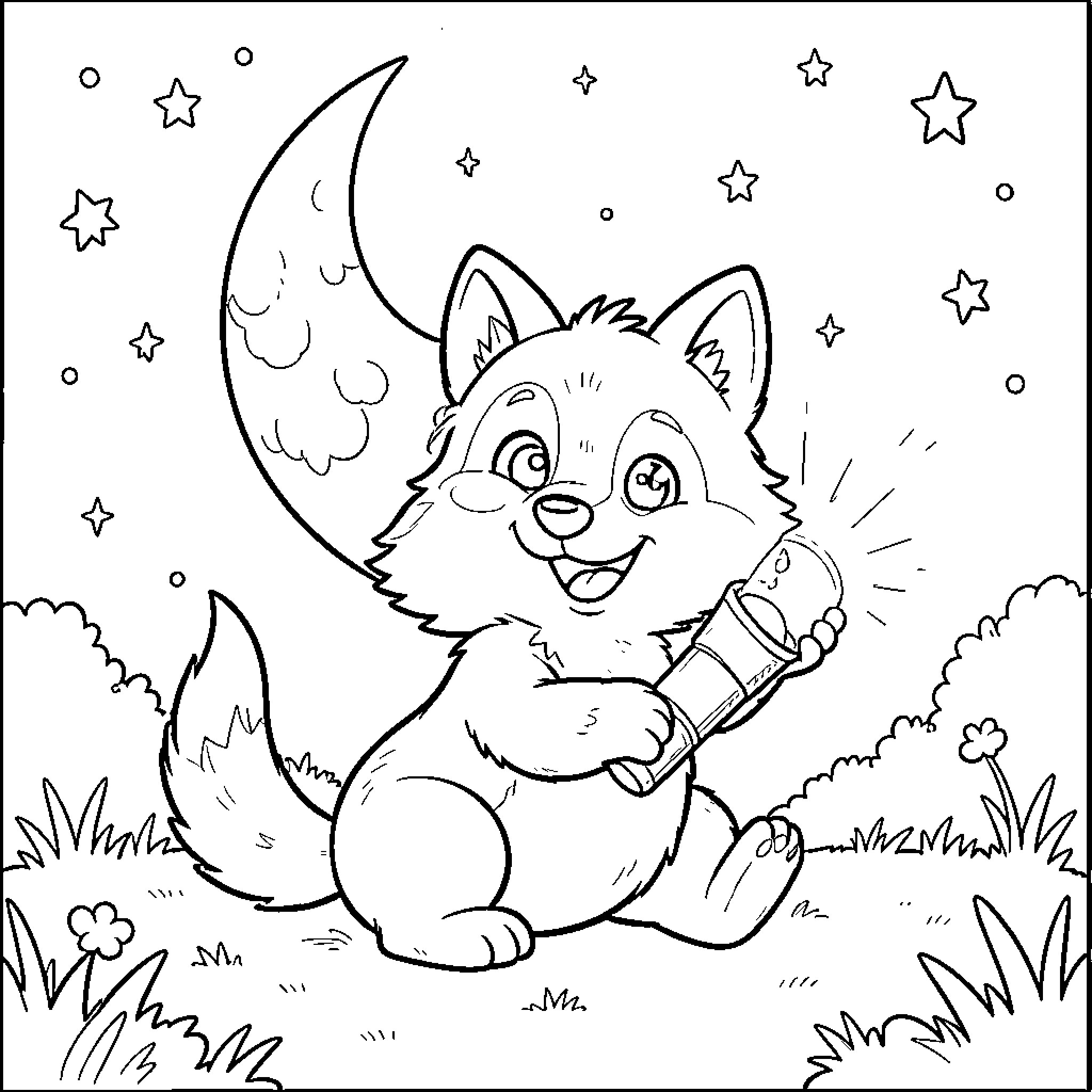 Wolf playing happily with stars under the moon Coloring Page (free black-and-white line drawing printable PDF for all, from beginners to advanced learners, including children, teens, adults, and seniors)