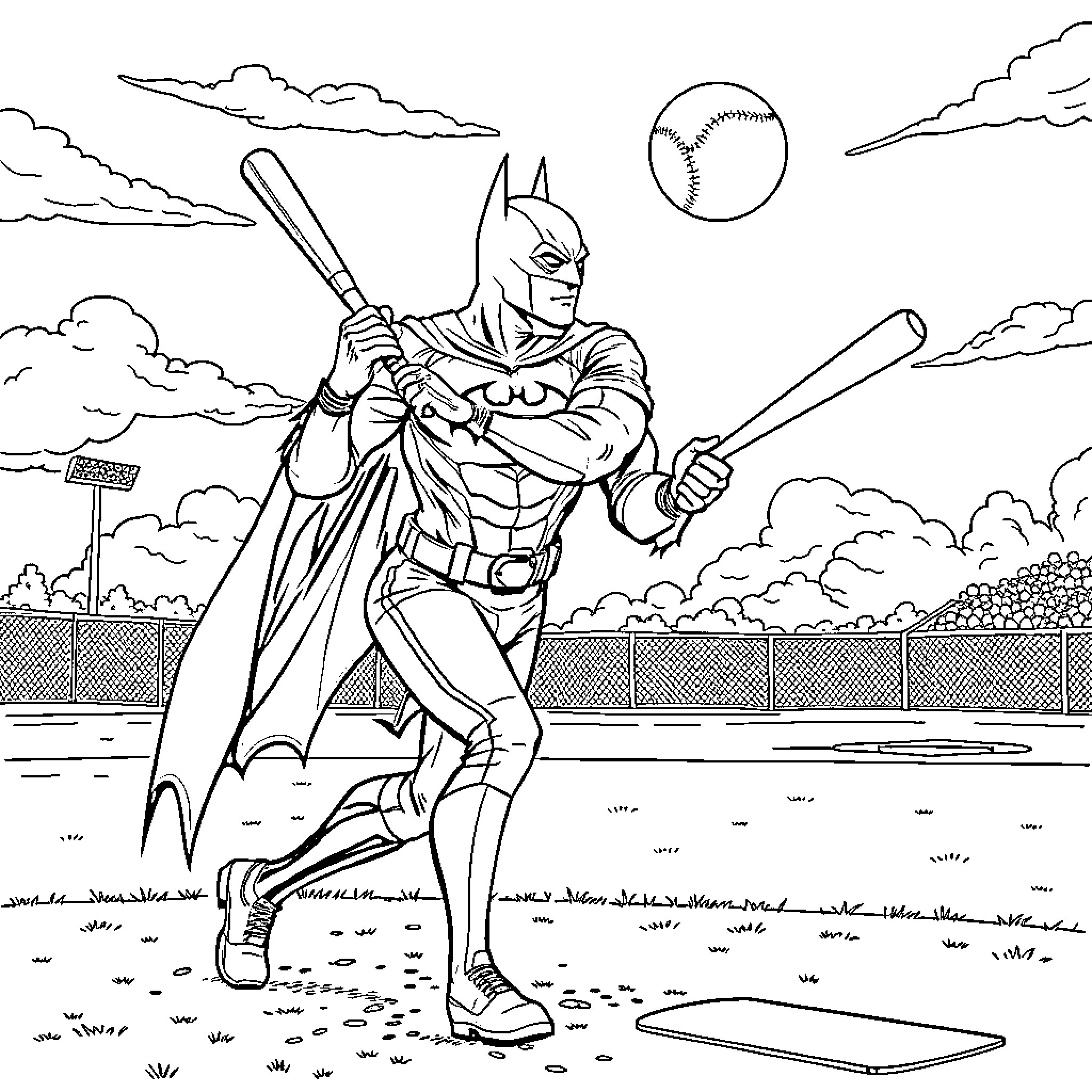 Batman playing baseball in the stadium Coloring Page (free black-and-white line drawing printable PDF for all, from beginners to advanced learners, including children, teens, adults, and seniors)