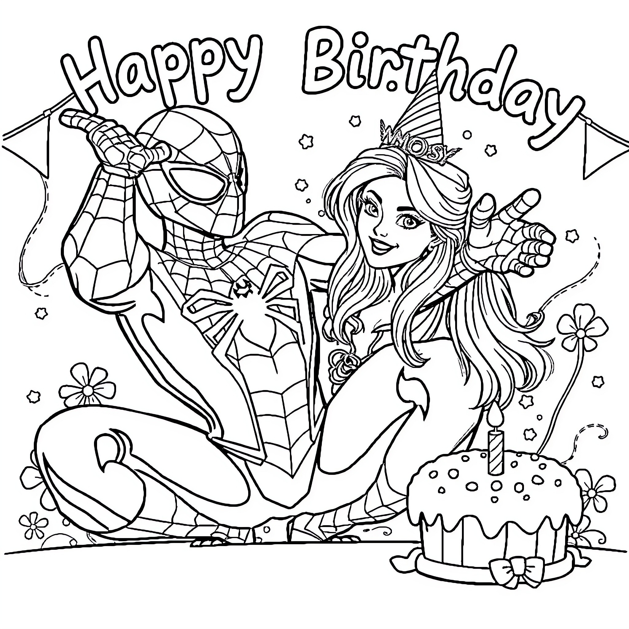 Spider-Man Celebrates a Happy Birthday with a Friend Coloring Page (free black-and-white line drawing printable PDF for all, from beginners to advanced learners, including children, teens, adults, and seniors)