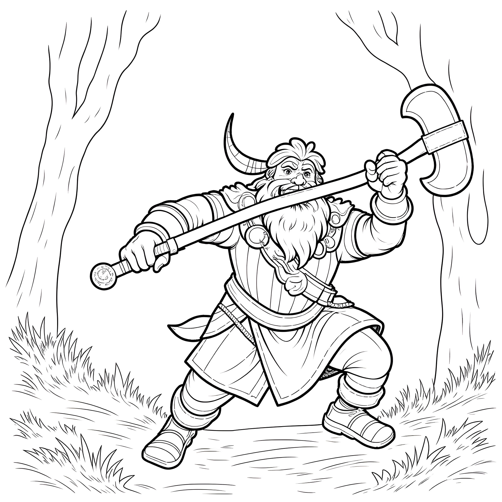 Dwarf warrior wielding a large weapon in the forest Coloring Page (free black-and-white line drawing printable PDF for all, from beginners to advanced learners, including children, teens, adults, and seniors)