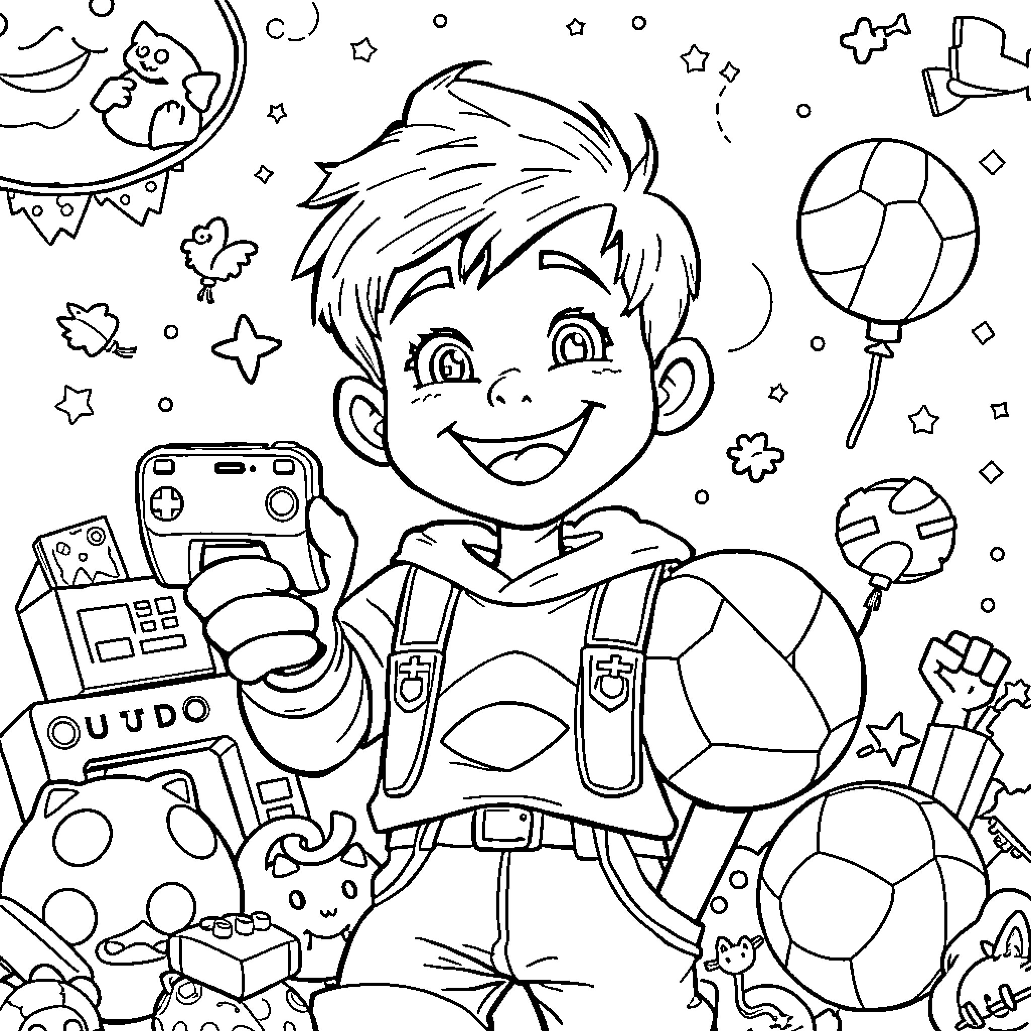 Lucas playing with video games and toys happily Coloring Page (free black-and-white line drawing printable PDF for all, from beginners to advanced learners, including children, teens, adults, and seniors)