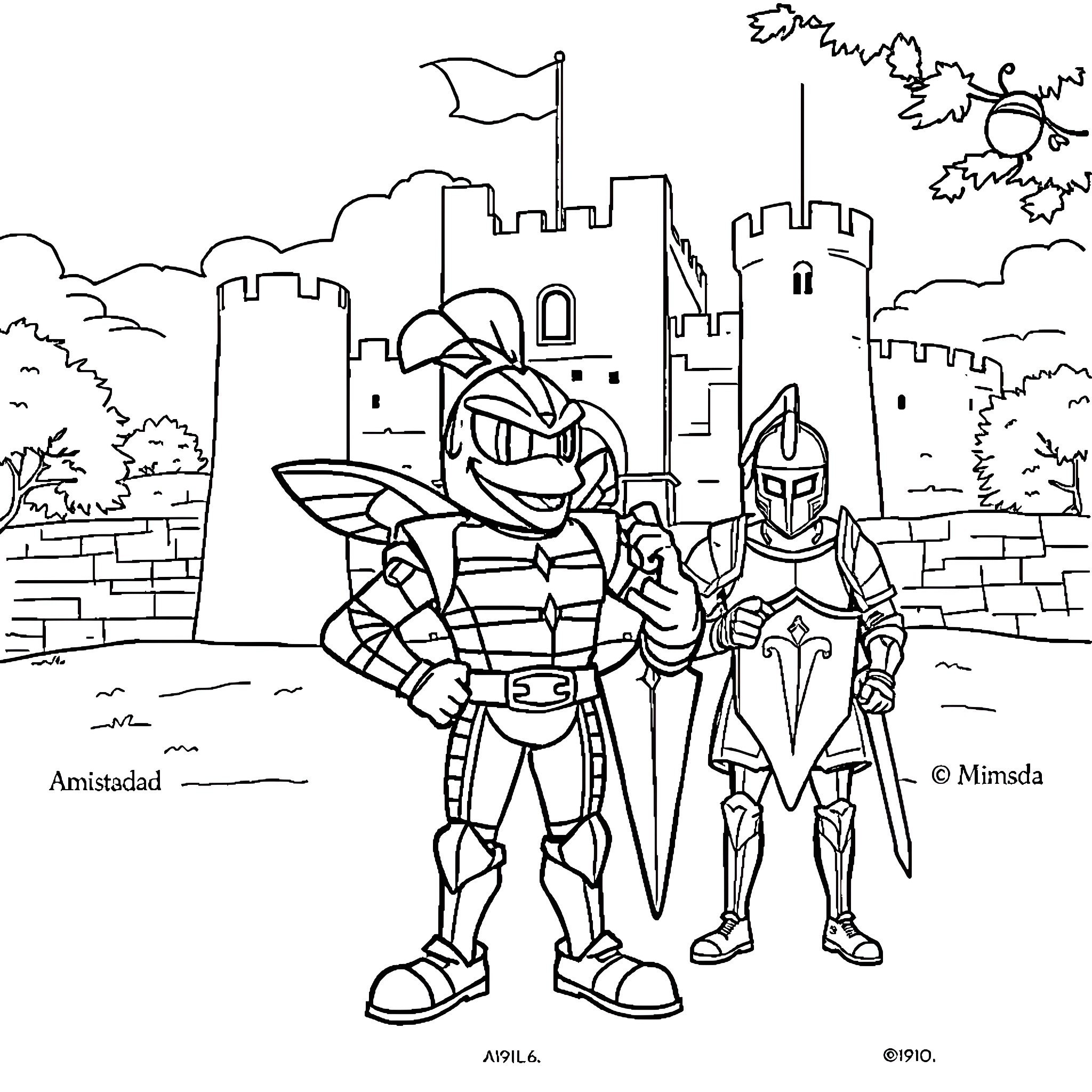 Yellowjacket Soldiers Guarding the Castle Coloring Page (free black-and-white line drawing printable PDF for all, from beginners to advanced learners, including children, teens, adults, and seniors)