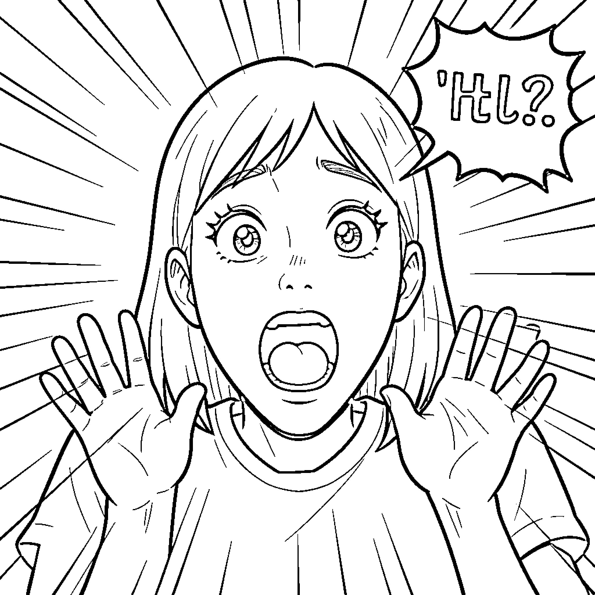 Opa shocked girl with hands raised in surprise Coloring Page (free black-and-white line drawing printable PDF for all, from beginners to advanced learners, including children, teens, adults, and seniors)