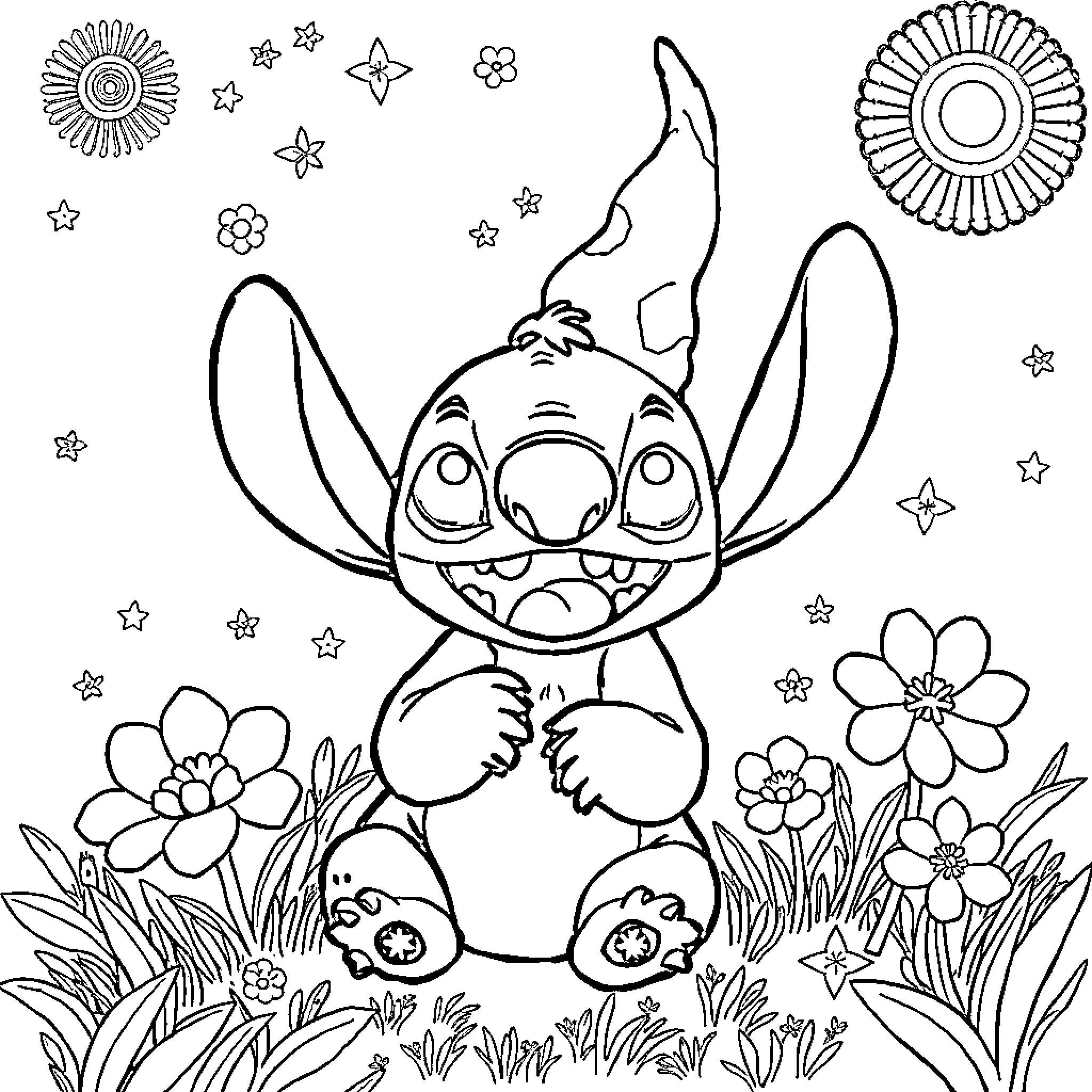 Stitch surrounded by whimsical flowers and stars Coloring Page (free black-and-white line drawing printable PDF for all, from beginners to advanced learners, including children, teens, adults, and seniors)