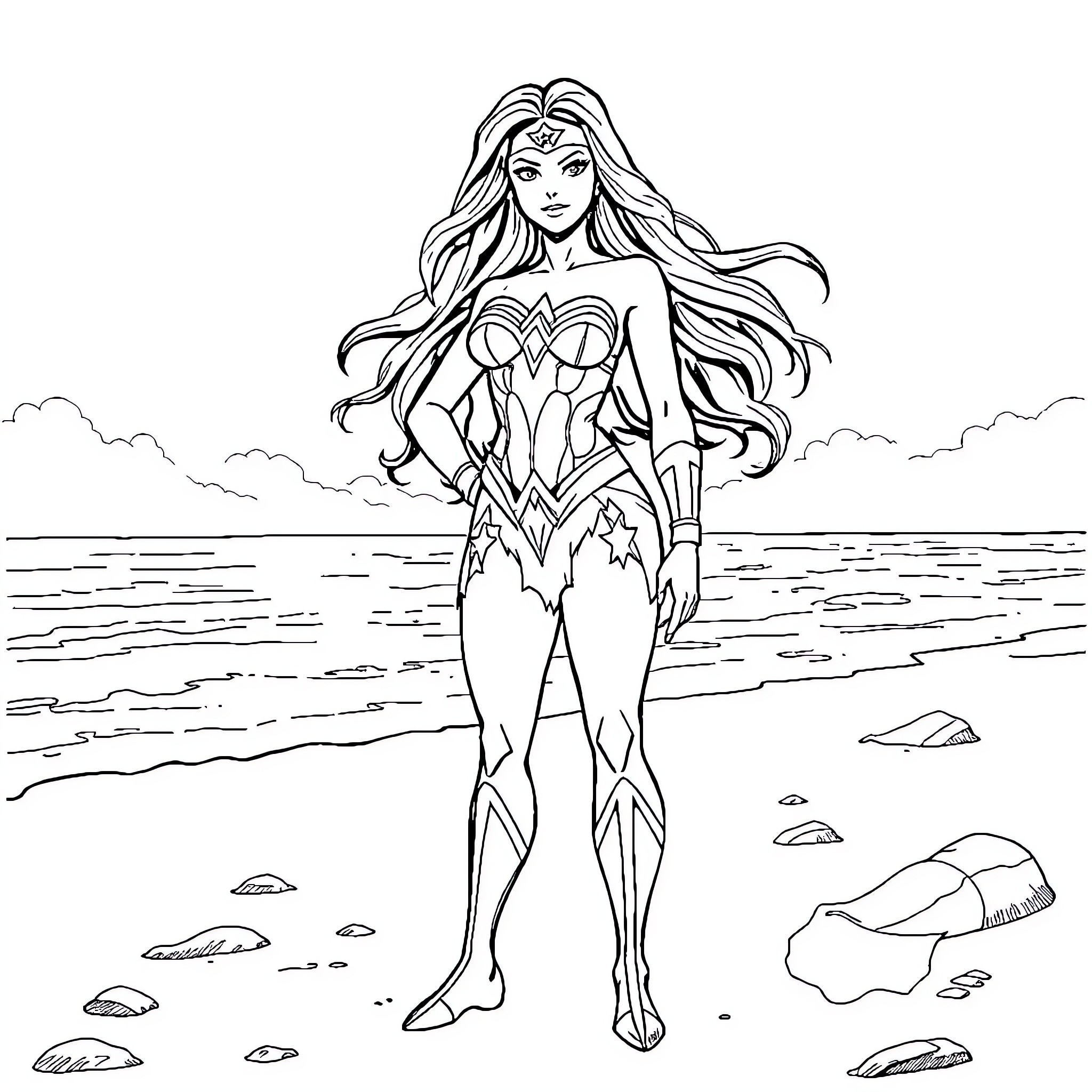 Wonder Woman standing heroically on the beach Coloring Page (free black-and-white line drawing printable PDF for all, from beginners to advanced learners, including children, teens, adults, and seniors)