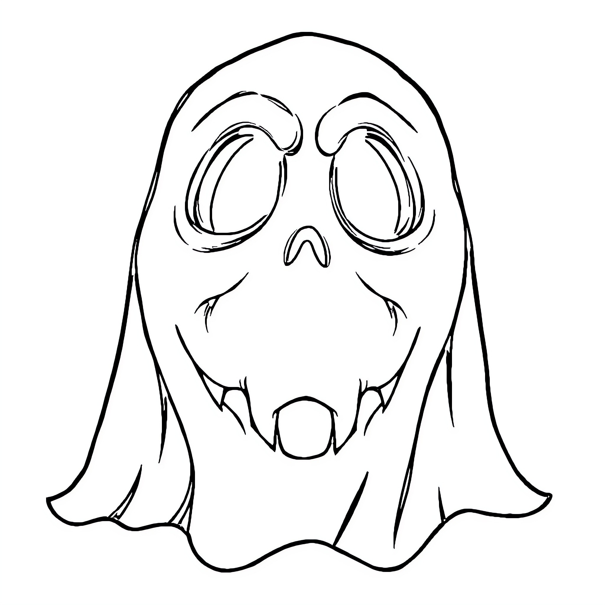Ghost Face with Creepy Expression Coloring Page (free black-and-white line drawing printable PDF for all, from beginners to advanced learners, including children, teens, adults, and seniors)