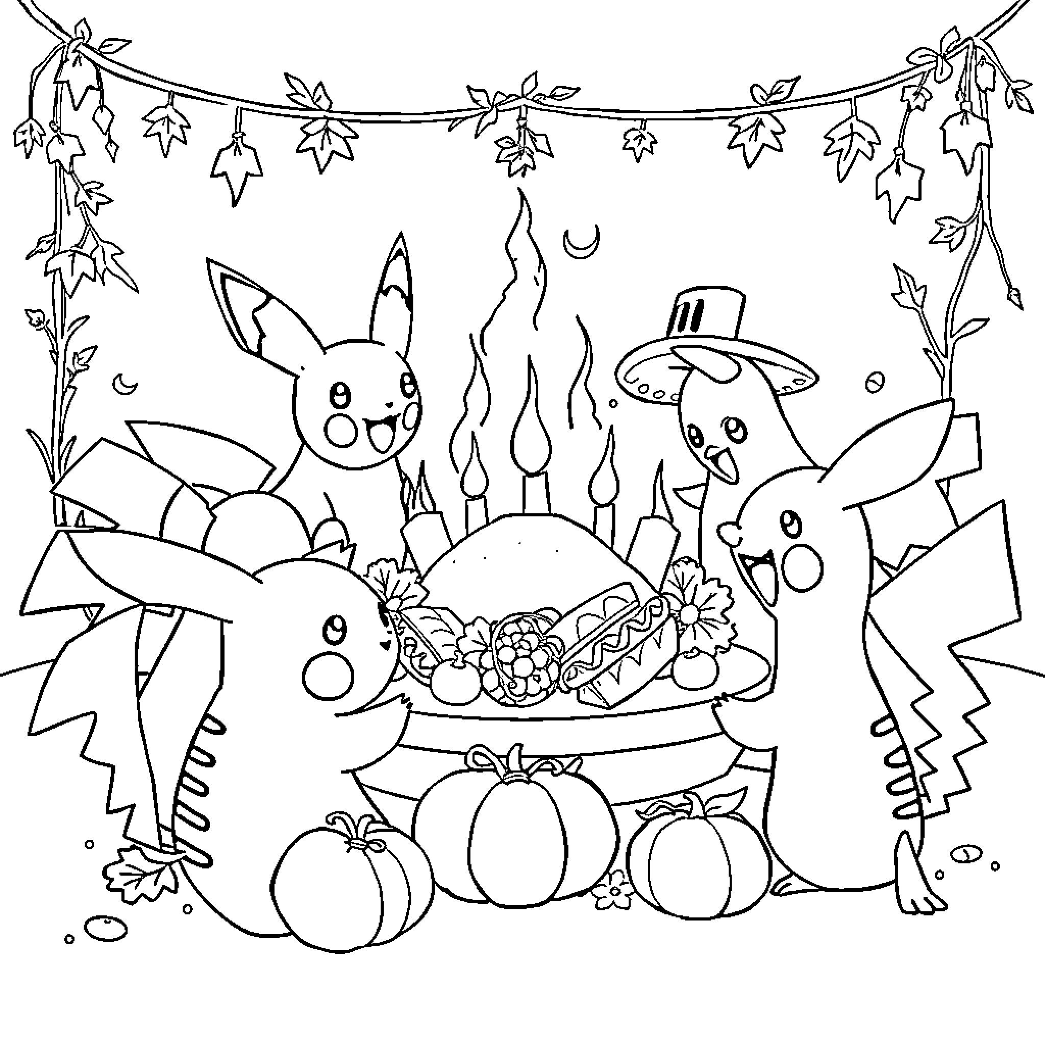 Pokémon characters in a whimsical autumn scene Coloring Page (free black-and-white line drawing printable PDF for all, from beginners to advanced learners, including children, teens, adults, and seniors)