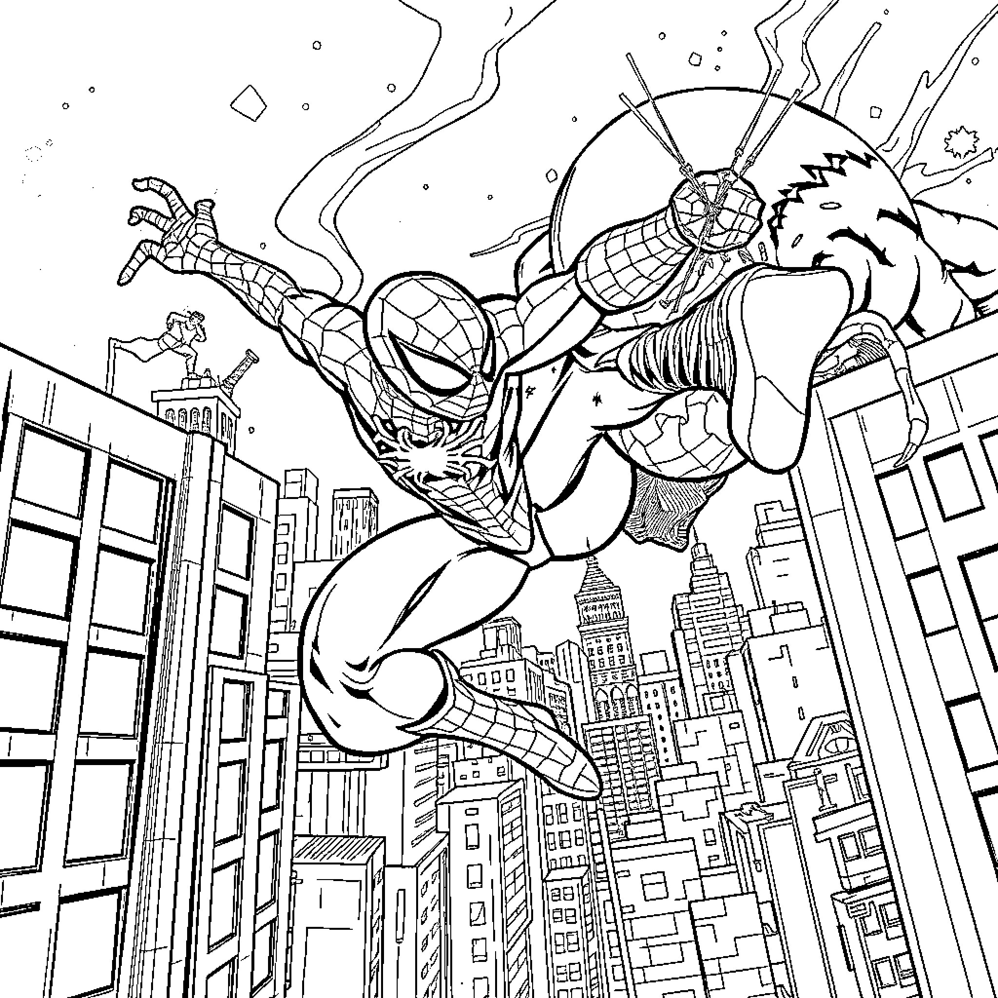Spiderman swinging heroically through the city skyline Coloring Page (free black-and-white line drawing printable PDF for all, from beginners to advanced learners, including children, teens, adults, and seniors)