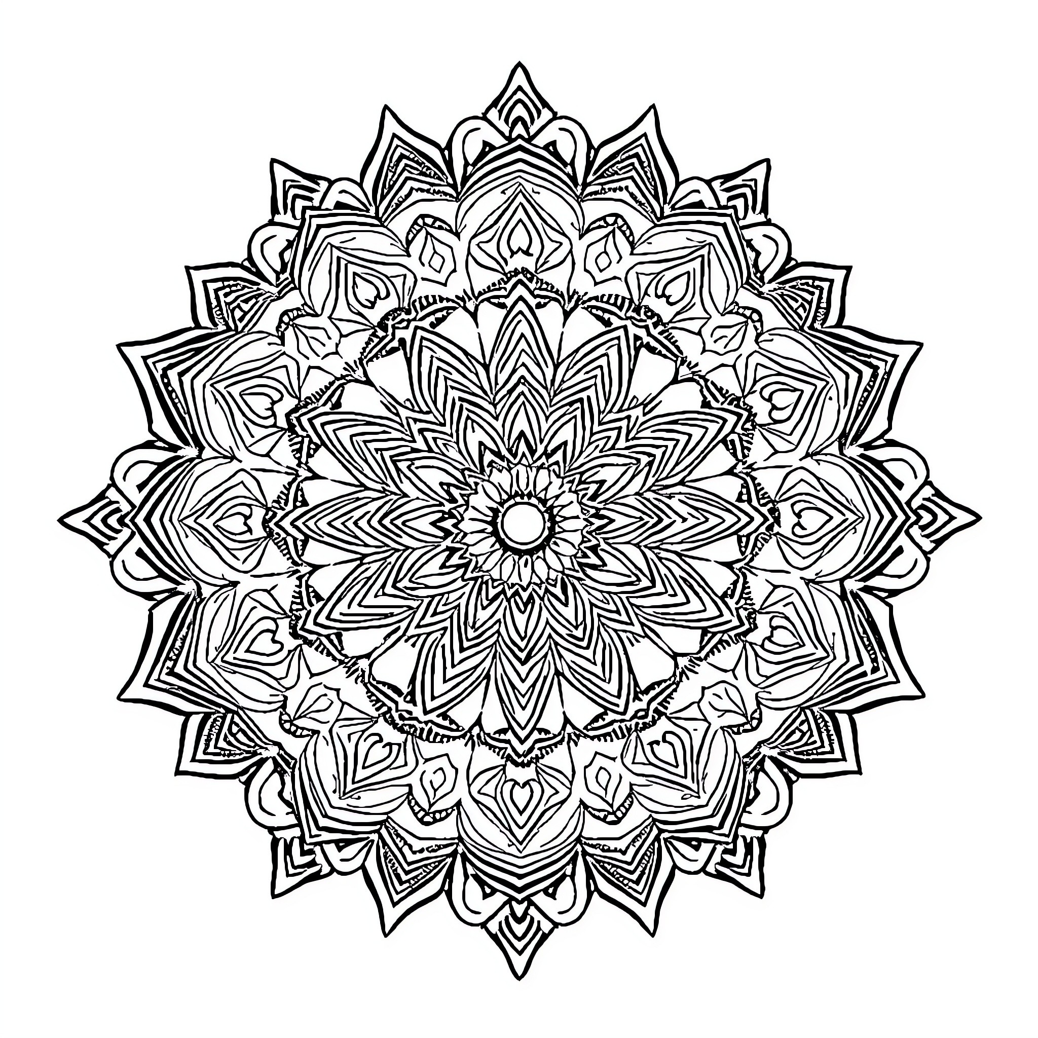 Mandala of intricate floral patterns Coloring Page (free black-and-white line drawing printable PDF for all, from beginners to advanced learners, including children, teens, adults, and seniors)