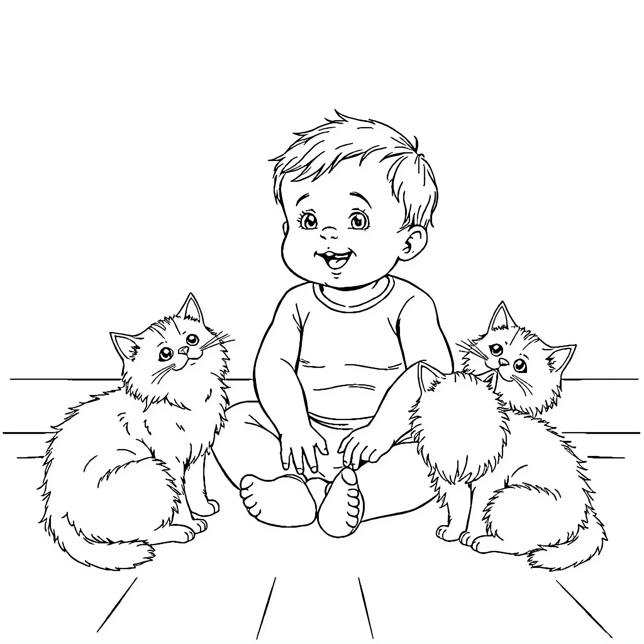 Baby playing with kittens happily Coloring Page (free black-and-white line drawing printable PDF for all, from beginners to advanced learners, including children, teens, adults, and seniors)