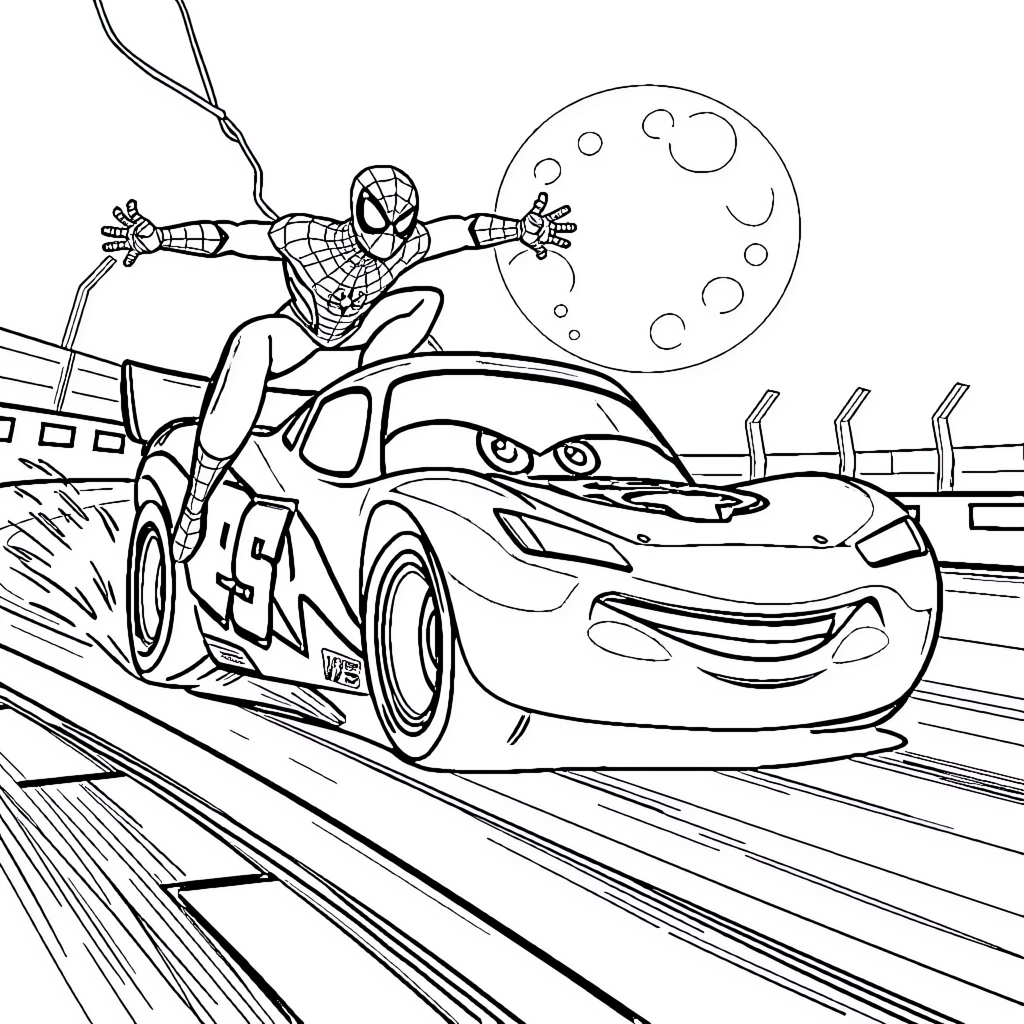 Lightning McQueen and Spider-Man's Thrilling Adventure Coloring Page (free black-and-white line drawing printable PDF for all, from beginners to advanced learners, including children, teens, adults, and seniors)