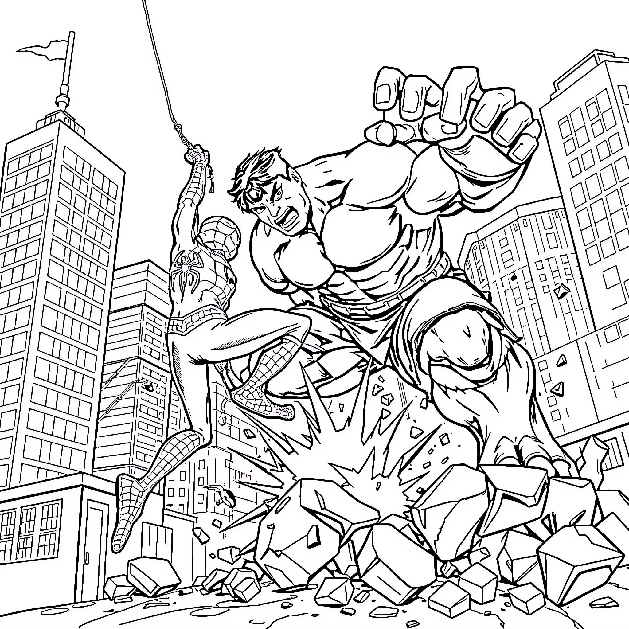 Spider-Man swinging through the city, battling an enemy Coloring Page (free black-and-white line drawing printable PDF for all, from beginners to advanced learners, including children, teens, adults, and seniors)