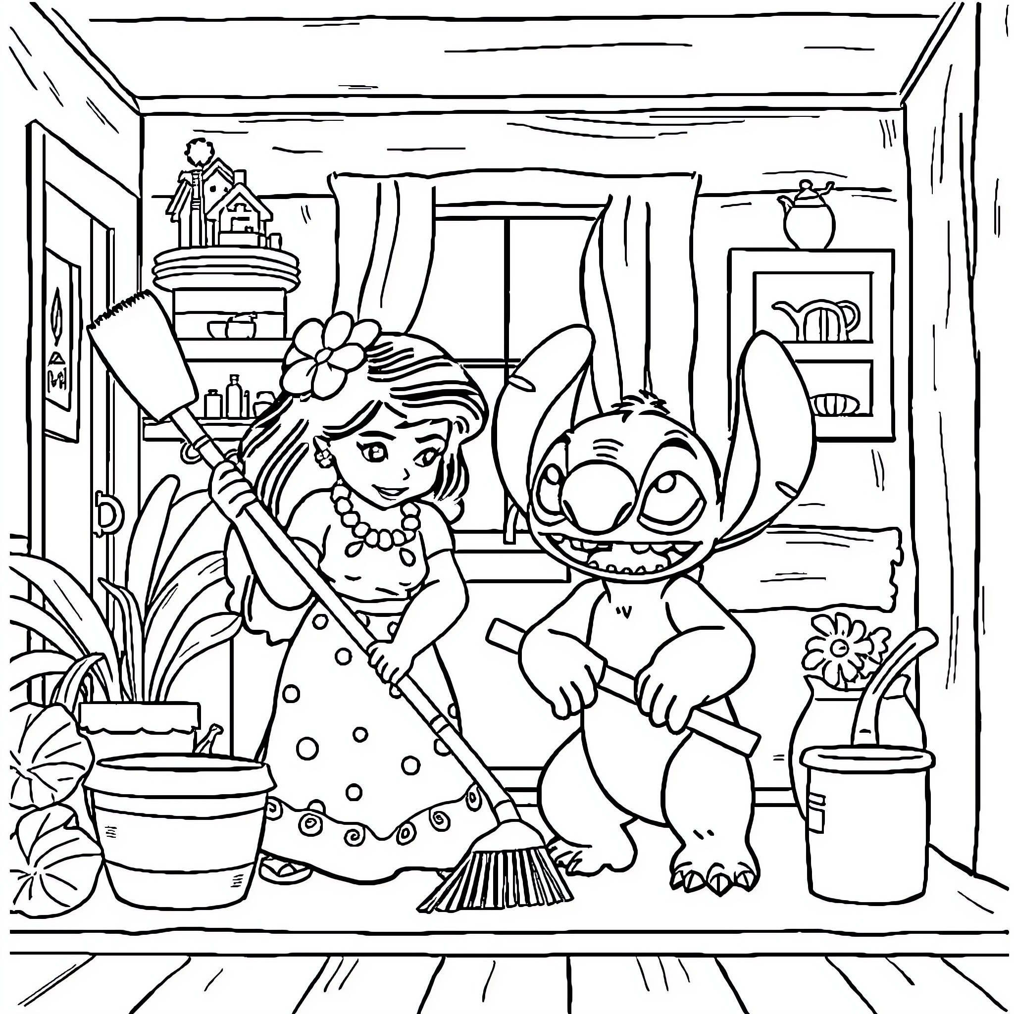 Lilo And Stitch Cleaning Their Cozy Home Together Coloring Page (free black-and-white line drawing printable PDF for all, from beginners to advanced learners, including children, teens, adults, and seniors)