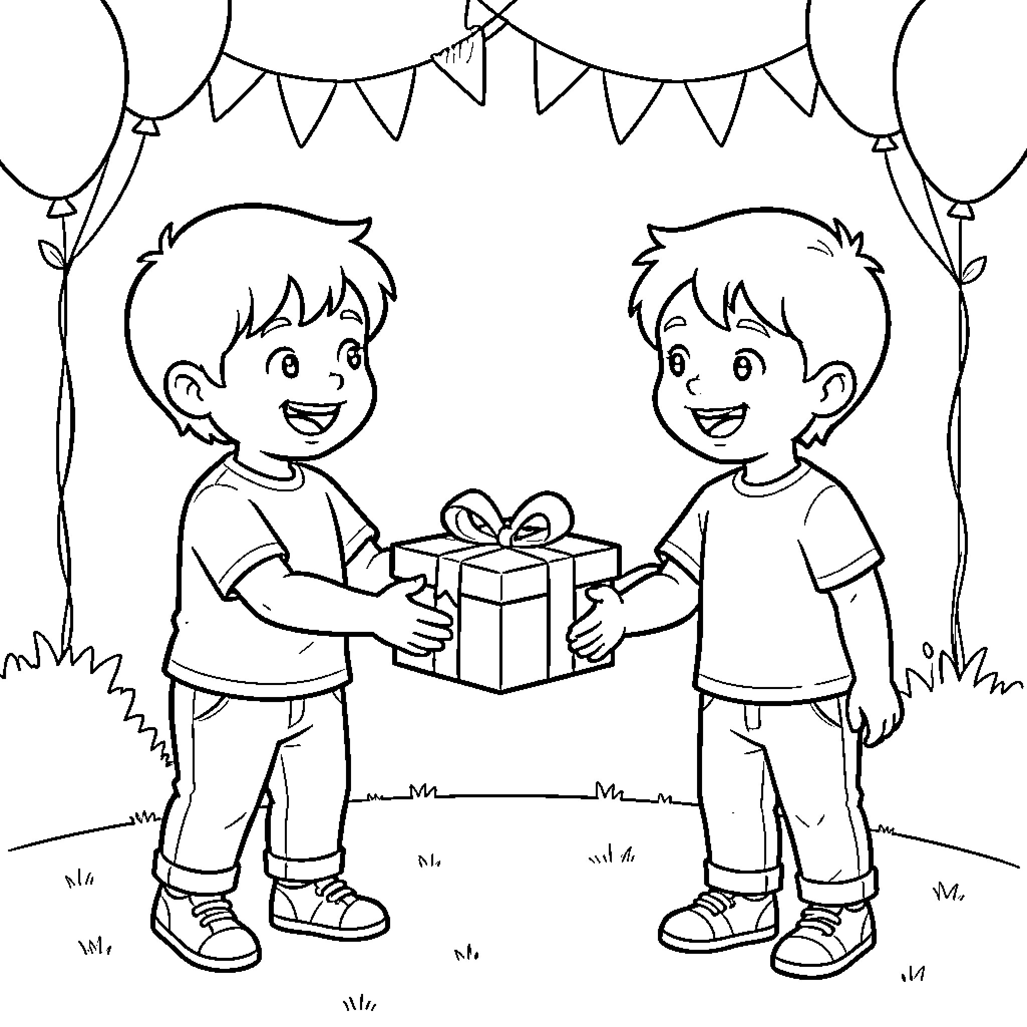 Child giving a gift to another child Coloring Page (free black-and-white line drawing printable PDF for all, from beginners to advanced learners, including children, teens, adults, and seniors)