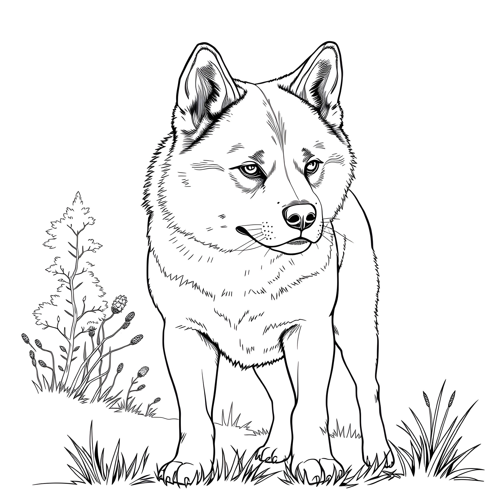 Akita dog standing in the wild meadow Coloring Page (free black-and-white line drawing printable PDF for all, from beginners to advanced learners, including children, teens, adults, and seniors)