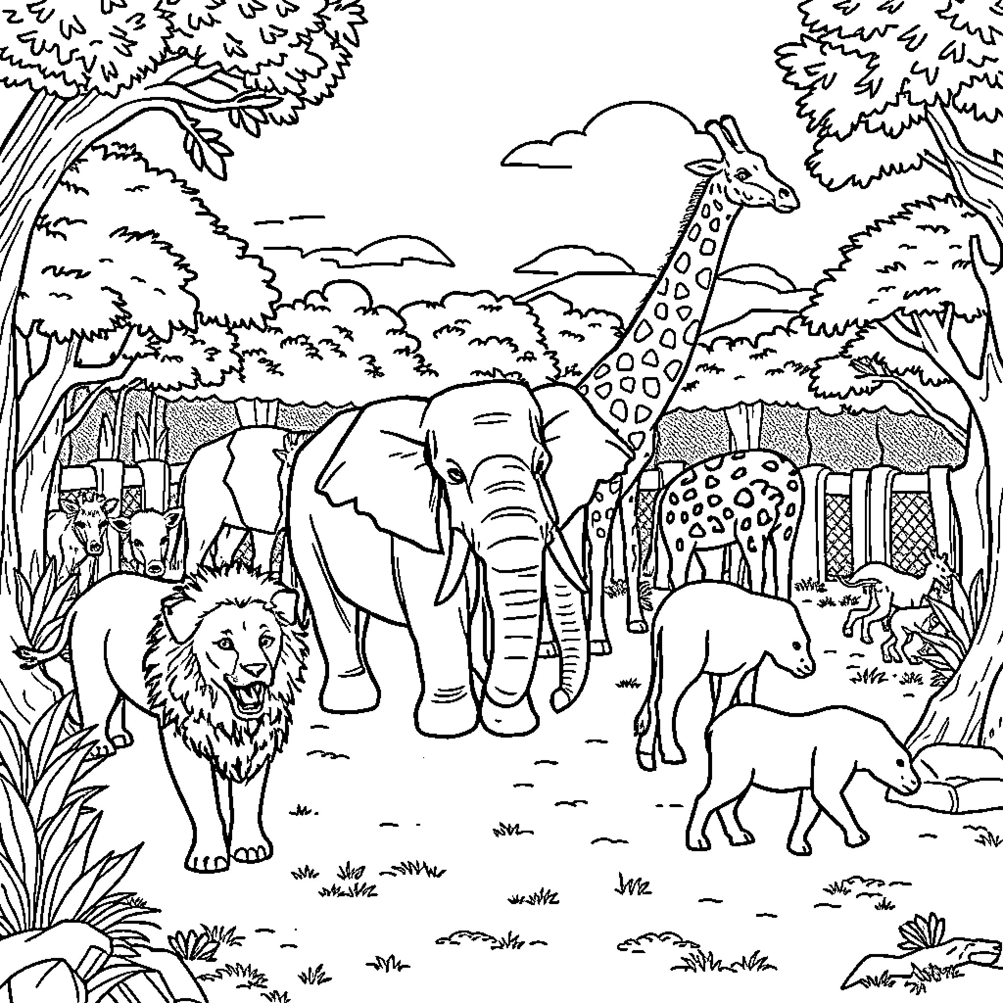 Animal Safari Scene with Diverse Wildlife Coloring Page (free black-and-white line drawing printable PDF for all, from beginners to advanced learners, including children, teens, adults, and seniors)