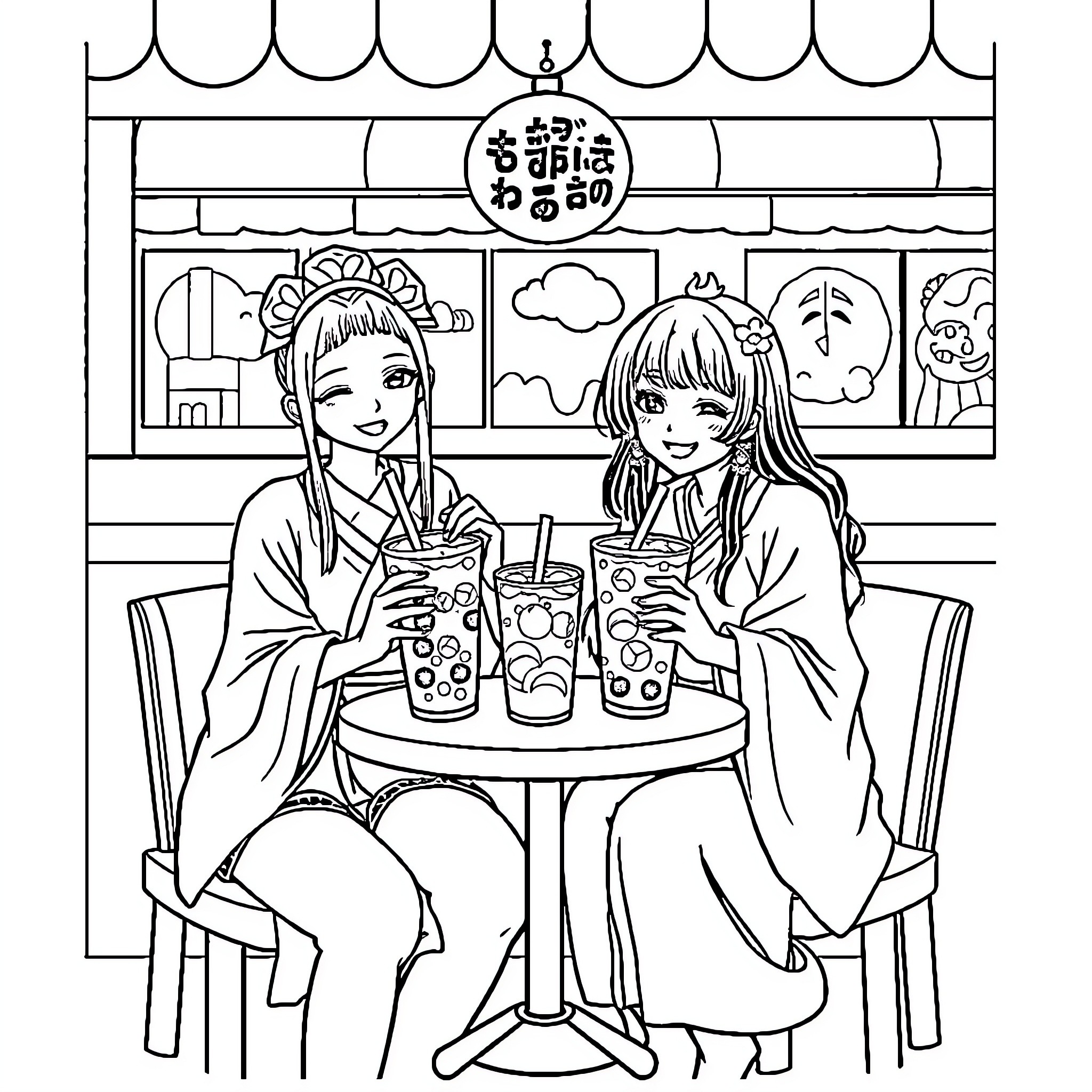 Maki Zen'in enjoying drinks with a friend in a cozy cafe Coloring Page (free black-and-white line drawing printable PDF for all, from beginners to advanced learners, including children, teens, adults, and seniors)