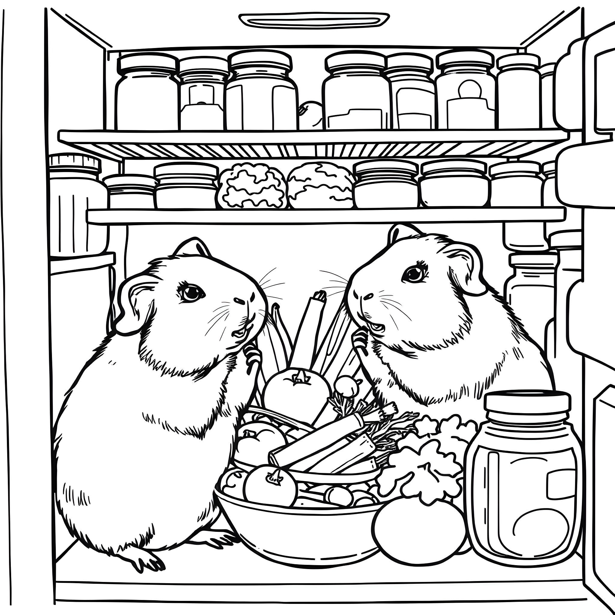 Guinea Pigs exploring the pantry Coloring Page (free black-and-white line drawing printable PDF for all, from beginners to advanced learners, including children, teens, adults, and seniors)
