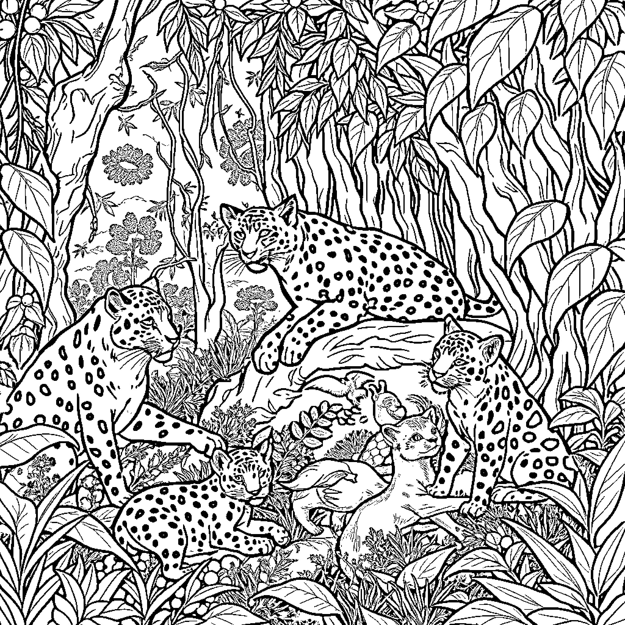 Feline Jungle Exploration Coloring Page (free black-and-white line drawing printable PDF for all, from beginners to advanced learners, including children, teens, adults, and seniors)