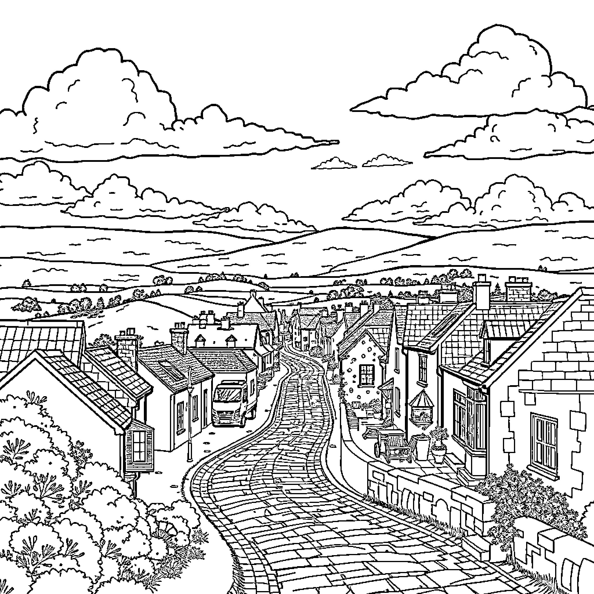 Letterkenny: Quaint town in the countryside Coloring Page (free black-and-white line drawing printable PDF for all, from beginners to advanced learners, including children, teens, adults, and seniors)