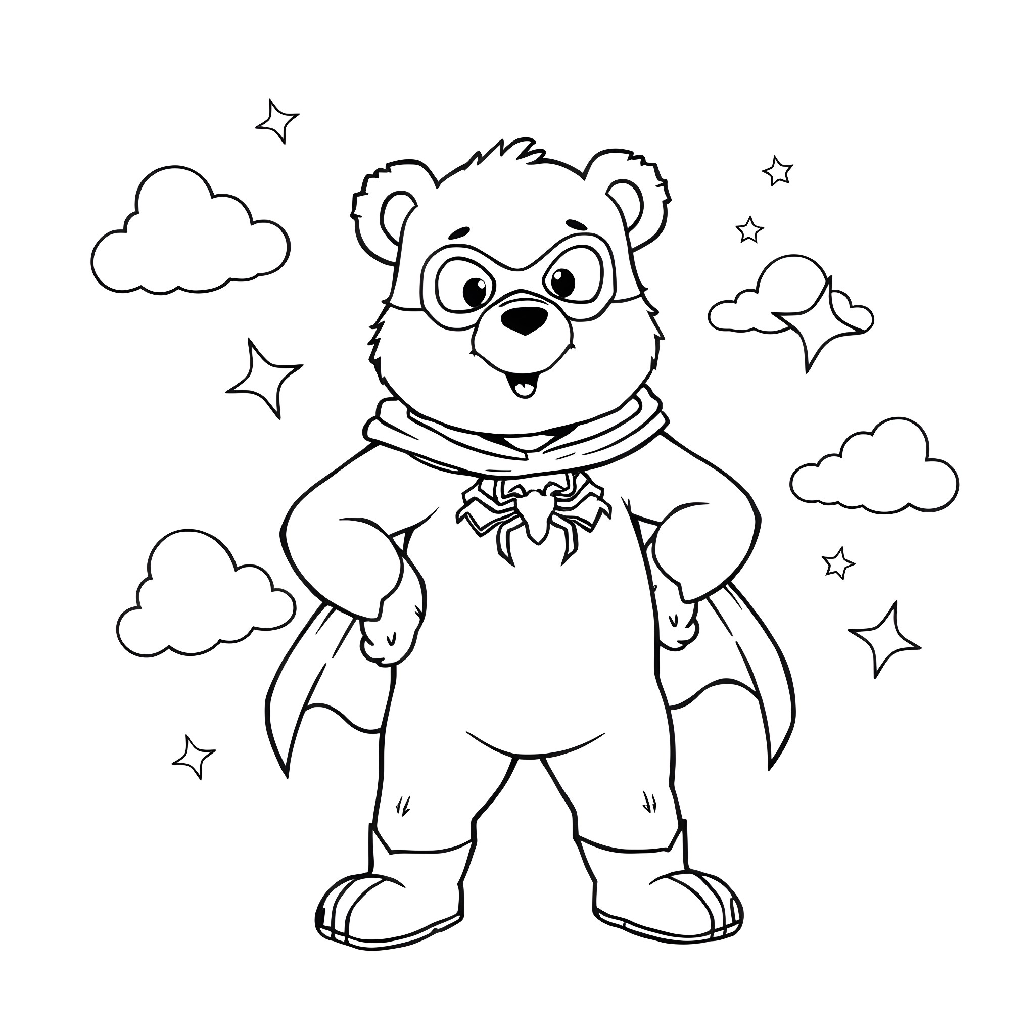 Carebear dressed as superhero with stars and clouds Coloring Page (free black-and-white line drawing printable PDF for all, from beginners to advanced learners, including children, teens, adults, and seniors)