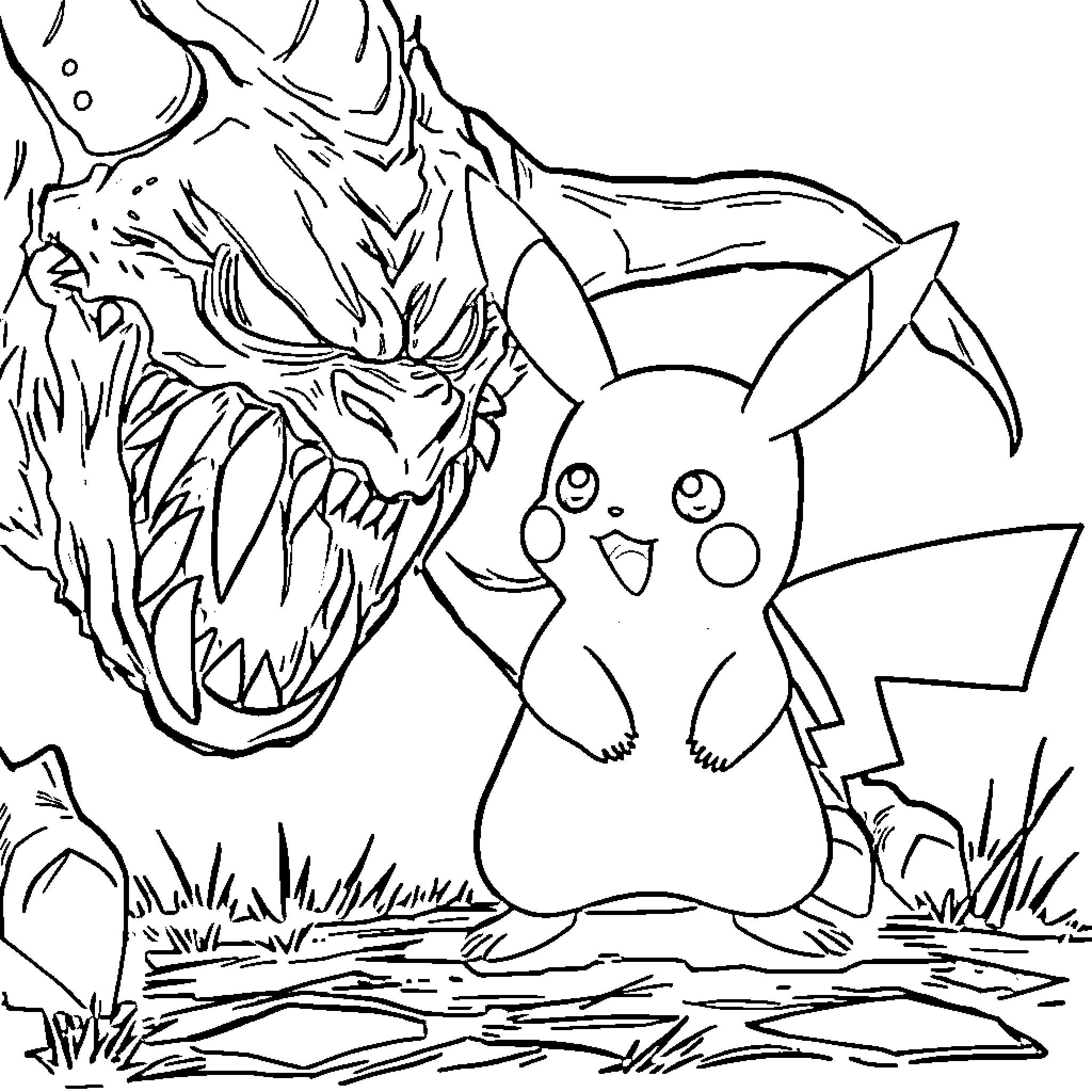 Pikachu facing a menacing creature Coloring Page (free black-and-white line drawing printable PDF for all, from beginners to advanced learners, including children, teens, adults, and seniors)