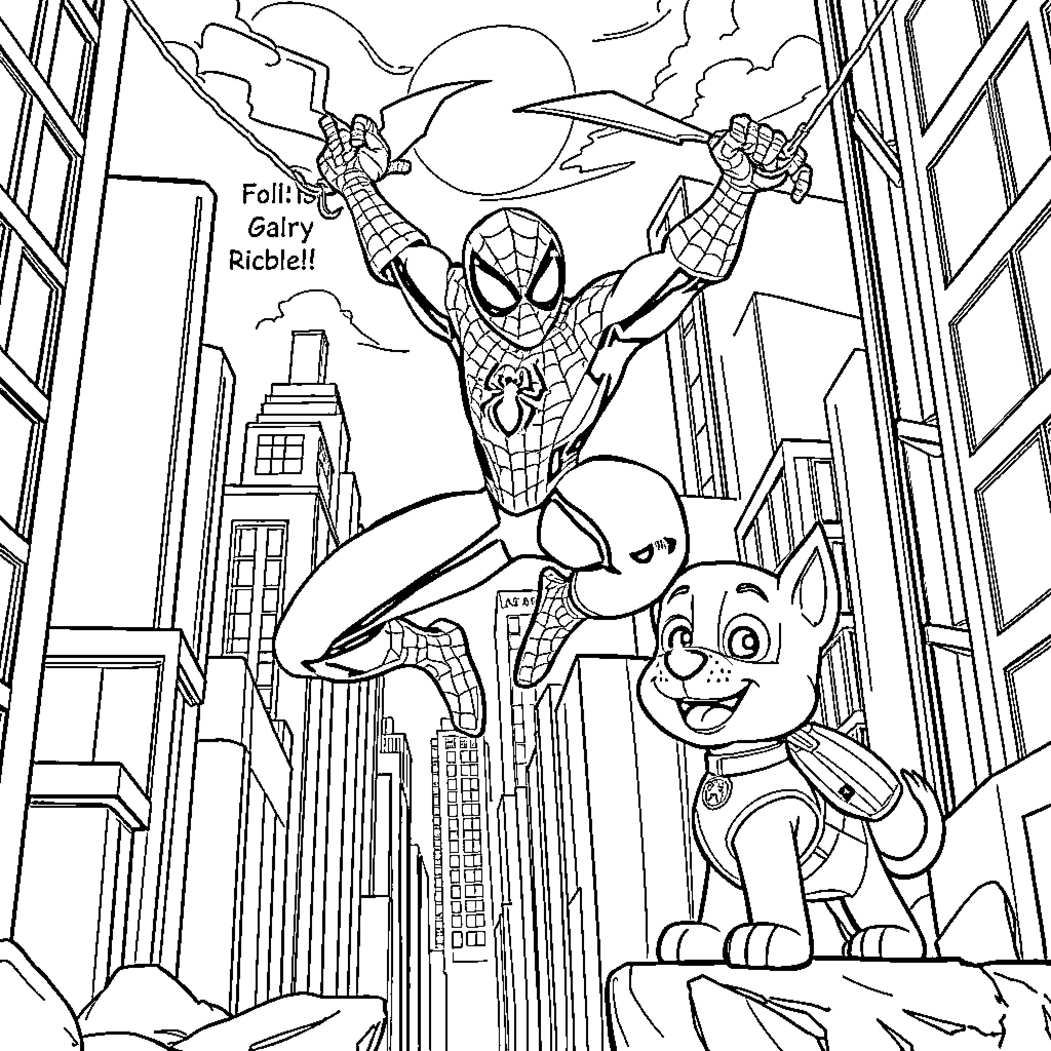 Spidey swinging through the city with a furry friend Coloring Page (free black-and-white line drawing printable PDF for all, from beginners to advanced learners, including children, teens, adults, and seniors)