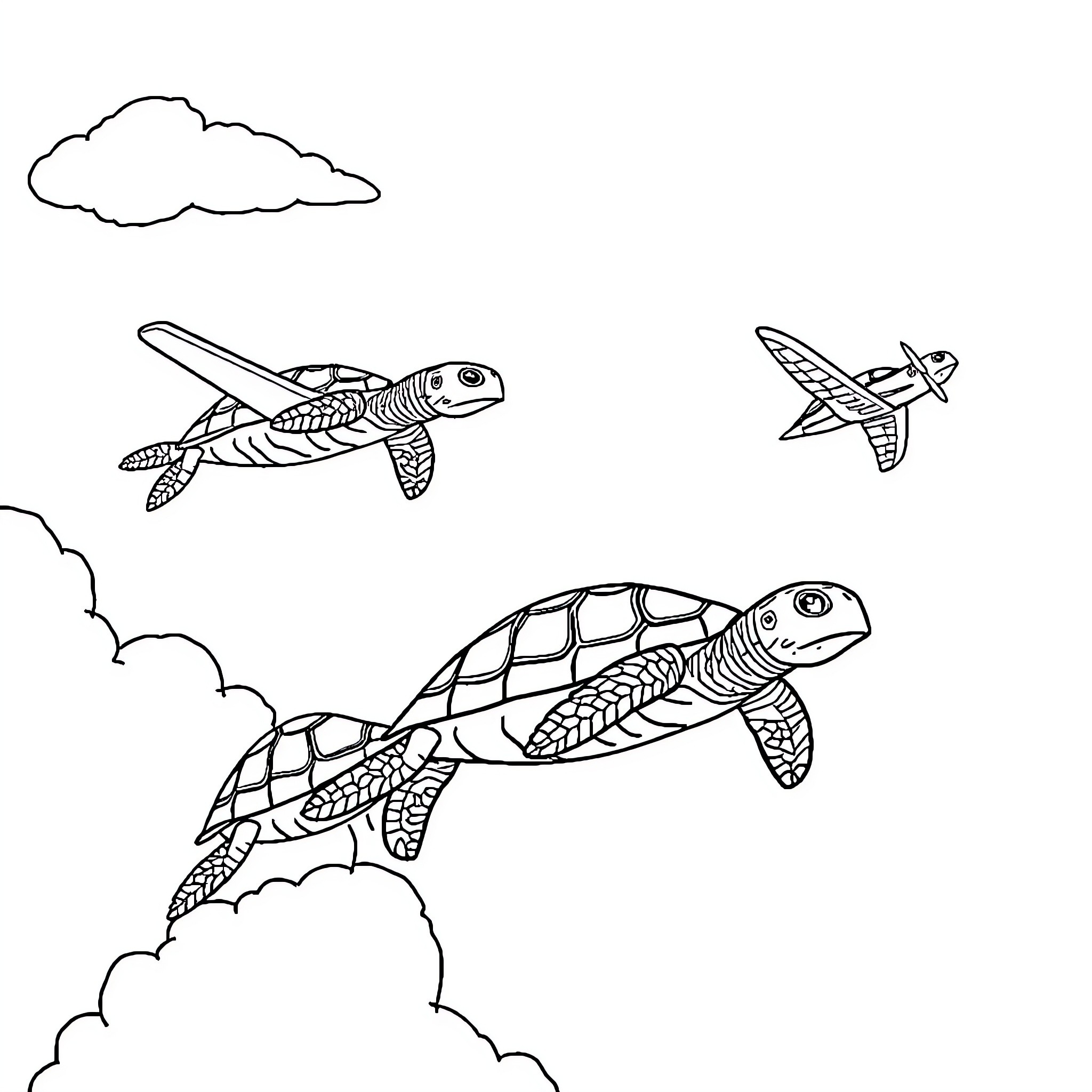 Turtles soaring through the clouds Coloring Page (free black-and-white line drawing printable PDF for all, from beginners to advanced learners, including children, teens, adults, and seniors)