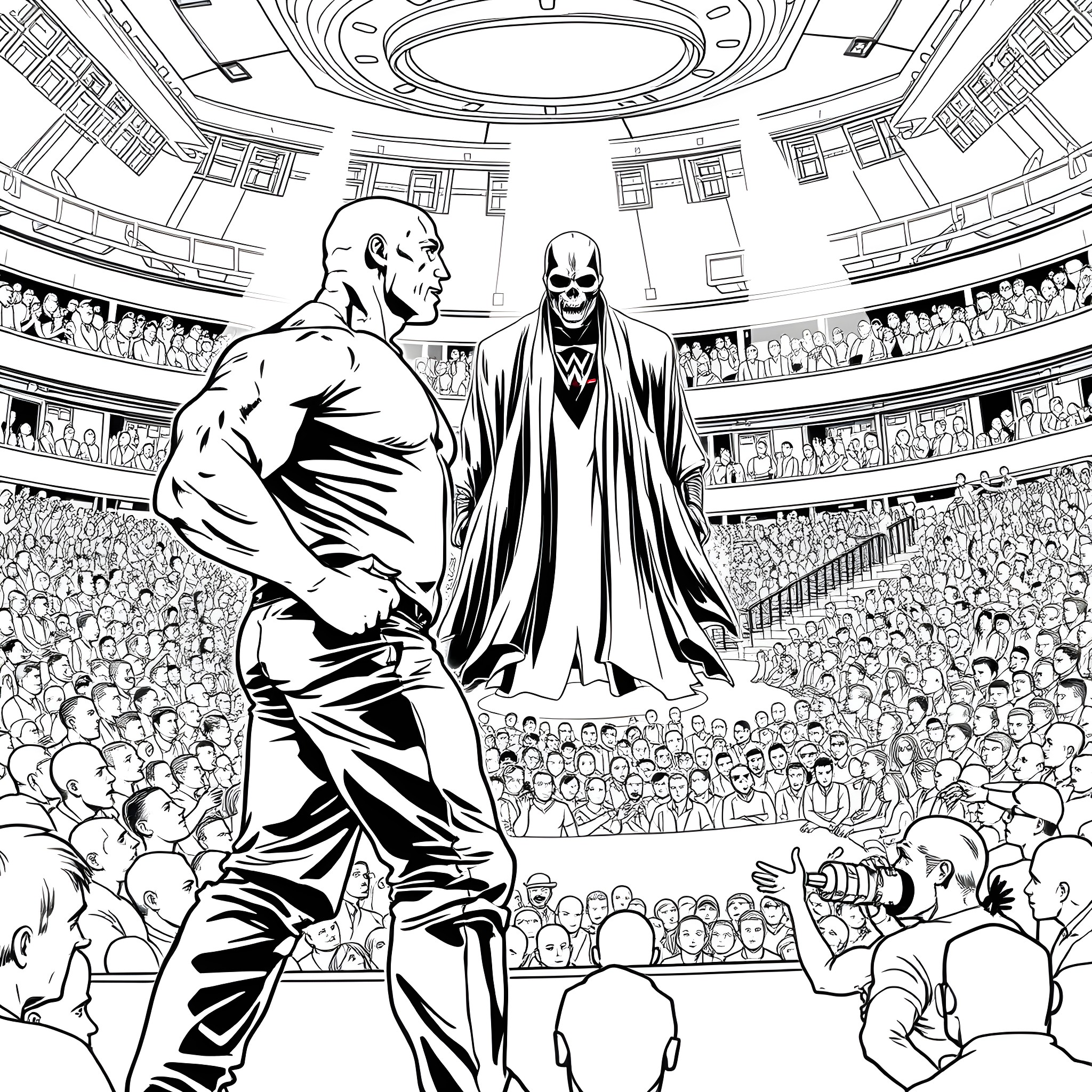 Rock Wrestlers in Epic Stadium Showdown Coloring Page (free black-and-white line drawing printable PDF for all, from beginners to advanced learners, including children, teens, adults, and seniors)