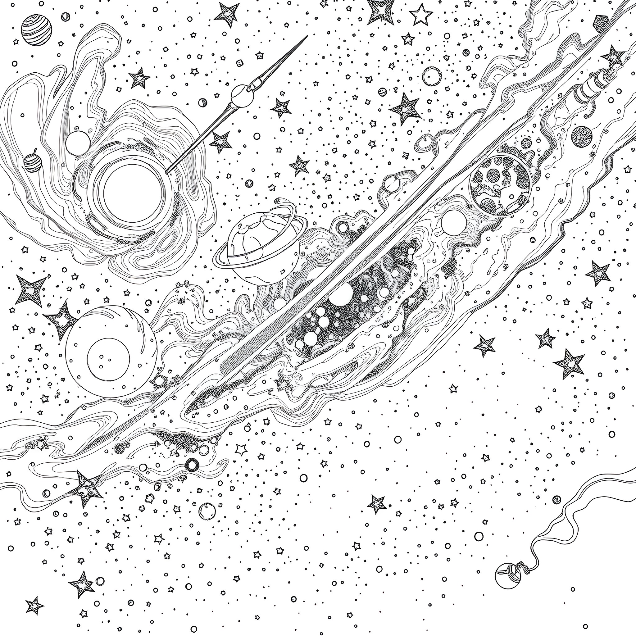 Space Exploration and Celestial Patterns Coloring Page (free black-and-white line drawing printable PDF for all, from beginners to advanced learners, including children, teens, adults, and seniors)