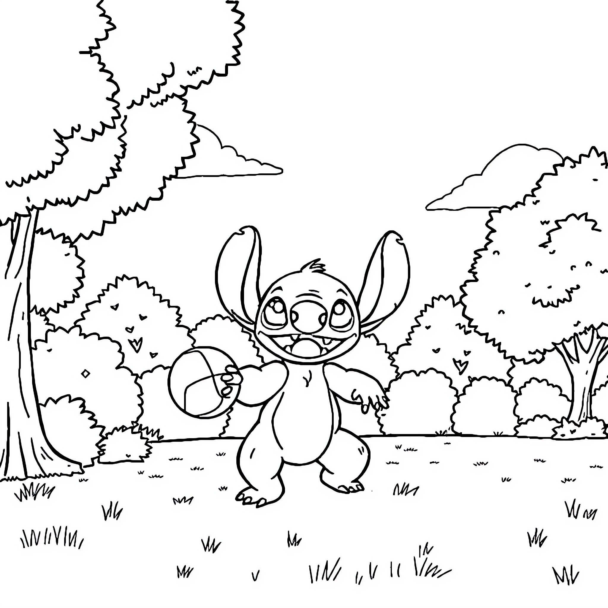 Stitch exploring the whimsical forest Coloring Page (free black-and-white line drawing printable PDF for all, from beginners to advanced learners, including children, teens, adults, and seniors)