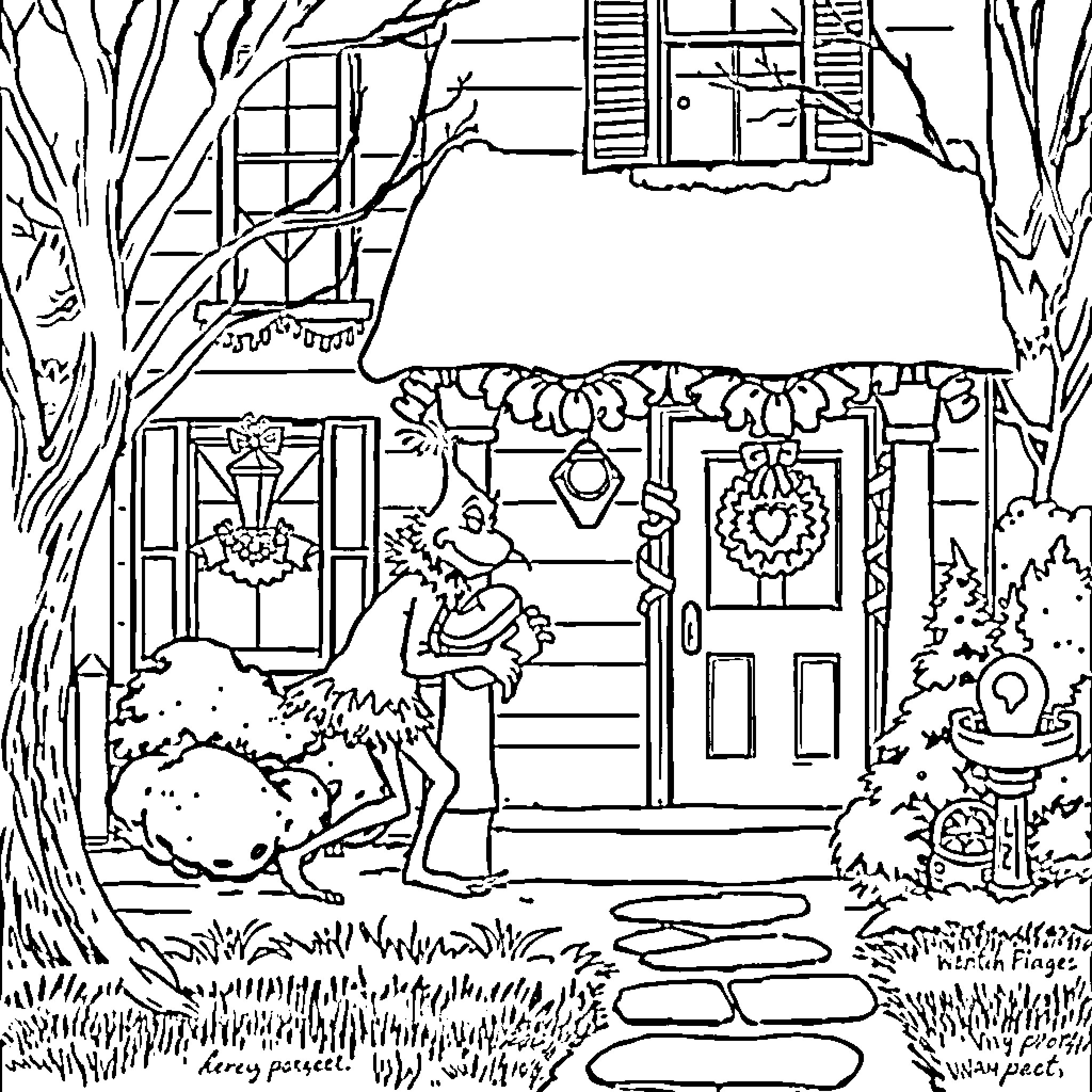 Grinch standing outside festive decorated home Coloring Page (free black-and-white line drawing printable PDF for all, from beginners to advanced learners, including children, teens, adults, and seniors)