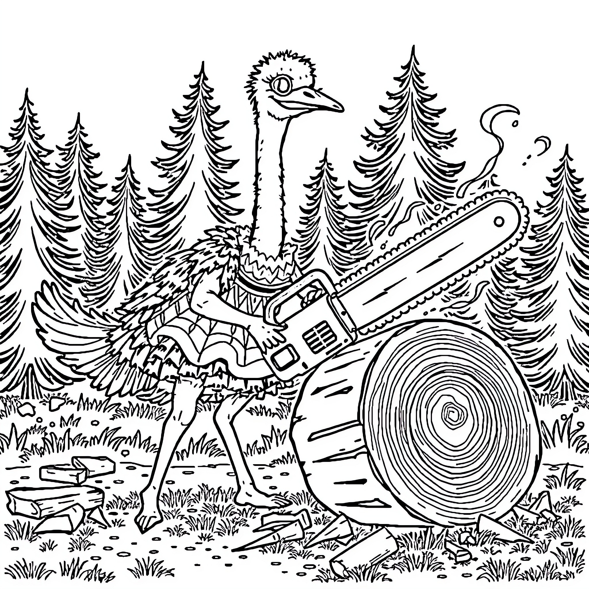 Ostrich operating a chainsaw in the forest Coloring Page (free black-and-white line drawing printable PDF for all, from beginners to advanced learners, including children, teens, adults, and seniors)