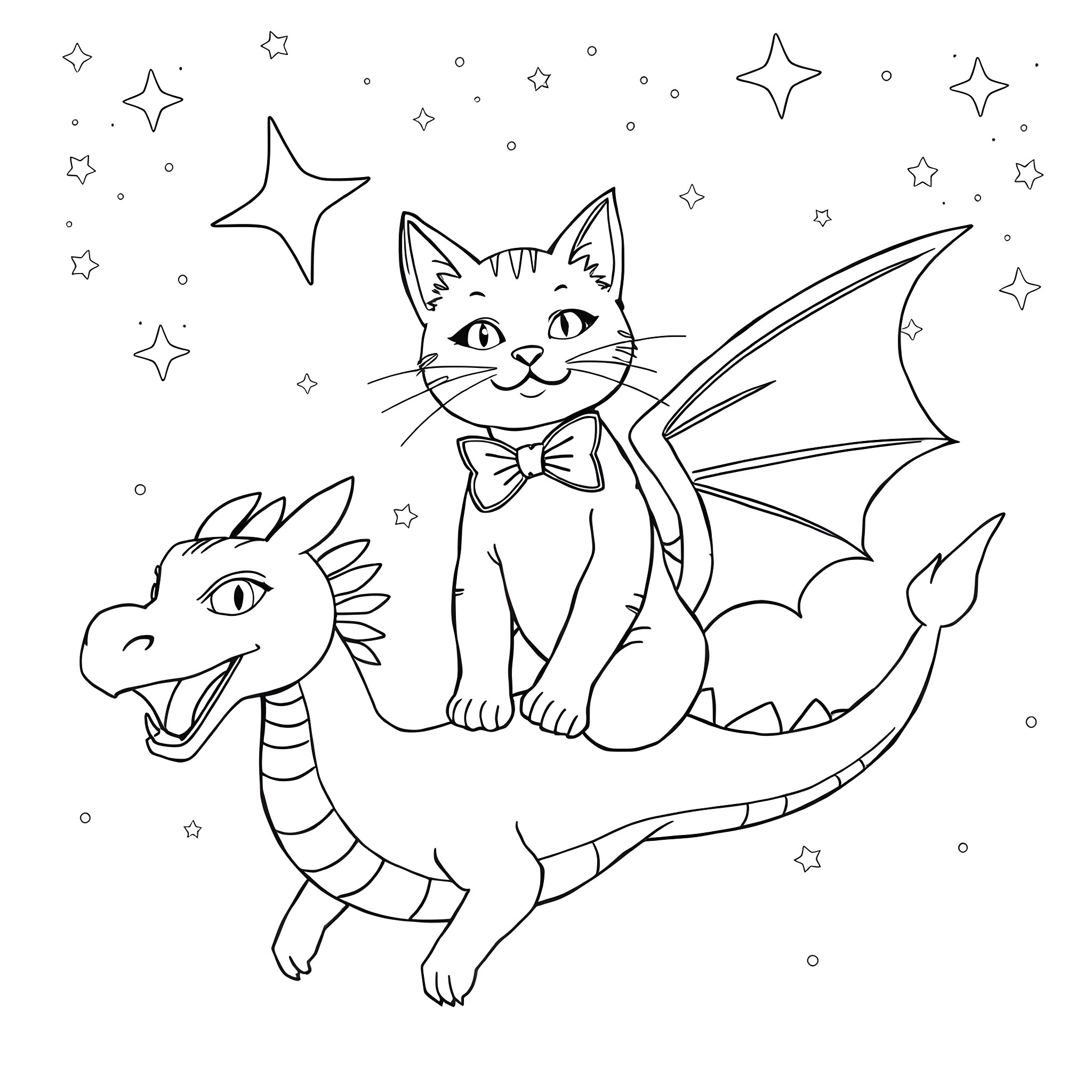 Cat with a Winged Dragon Companion in a Starry Night Coloring Page (free black-and-white line drawing printable PDF for all, from beginners to advanced learners, including children, teens, adults, and seniors)