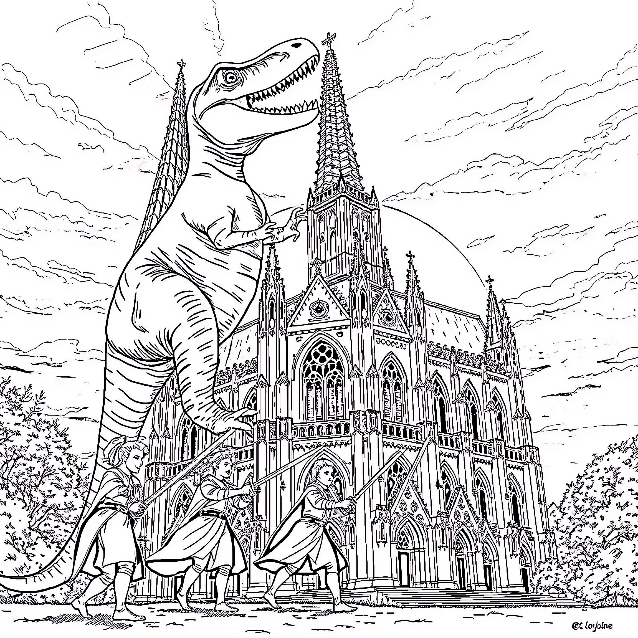 Tyrannosaurus Rex Looming Over Medieval Cathedral Coloring Page (free black-and-white line drawing printable PDF for all, from beginners to advanced learners, including children, teens, adults, and seniors)