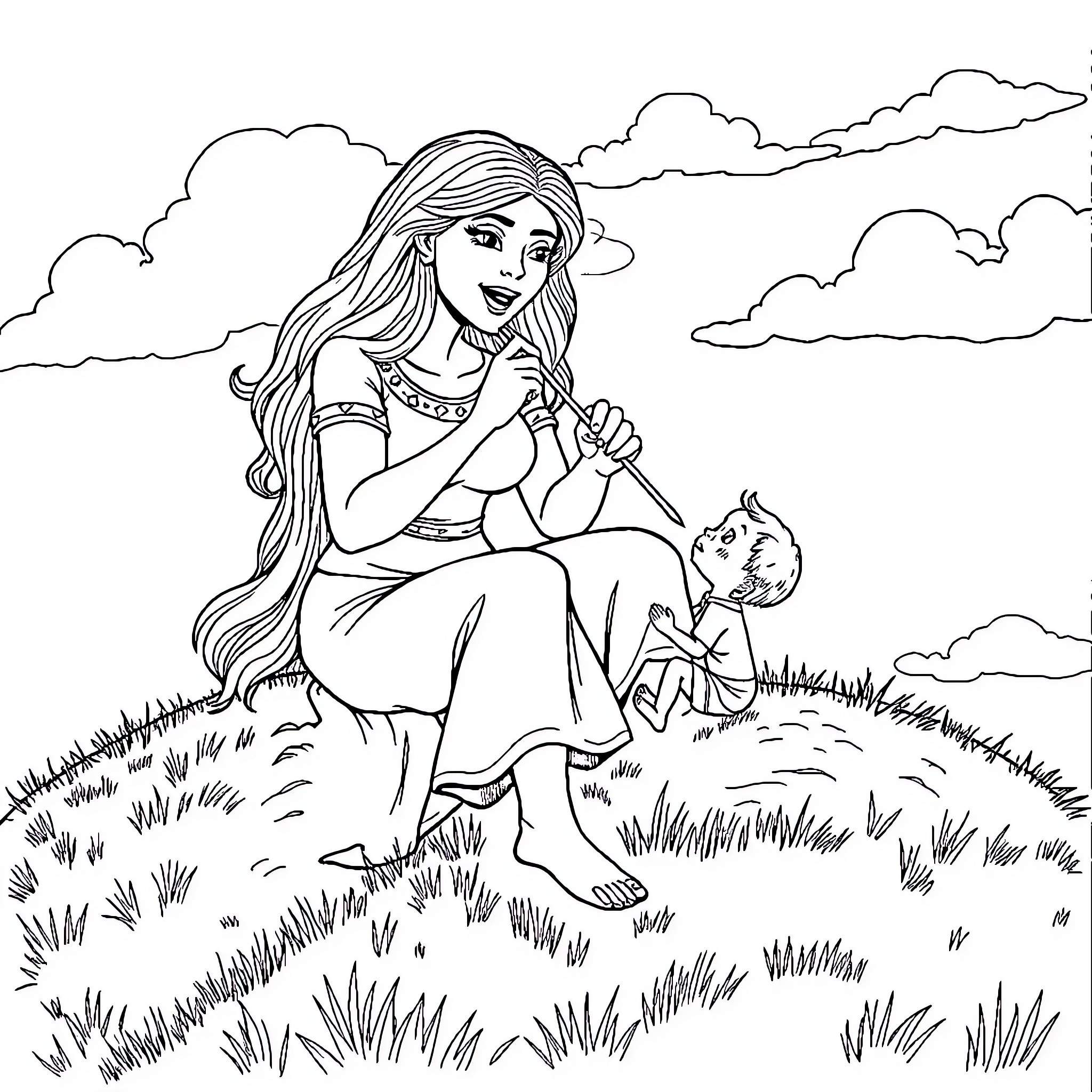 Giant Woman Comforting a Child in a Grassy Field Coloring Page (free black-and-white line drawing printable PDF for all, from beginners to advanced learners, including children, teens, adults, and seniors)