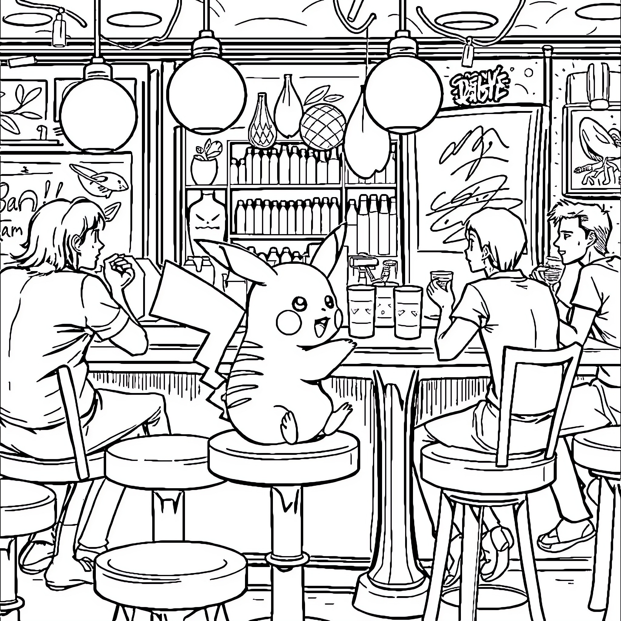 Pikachu having fun in a crowded cafe Coloring Page (free black-and-white line drawing printable PDF for all, from beginners to advanced learners, including children, teens, adults, and seniors)