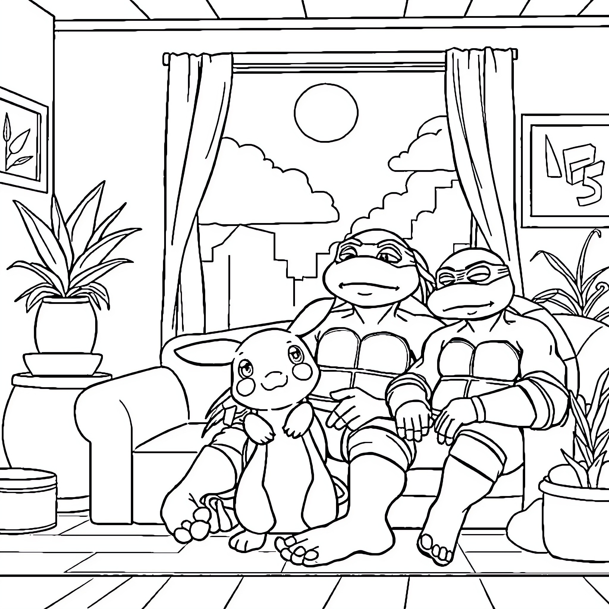 Ninja Turtles relaxing at home Coloring Page (free black-and-white line drawing printable PDF for all, from beginners to advanced learners, including children, teens, adults, and seniors)