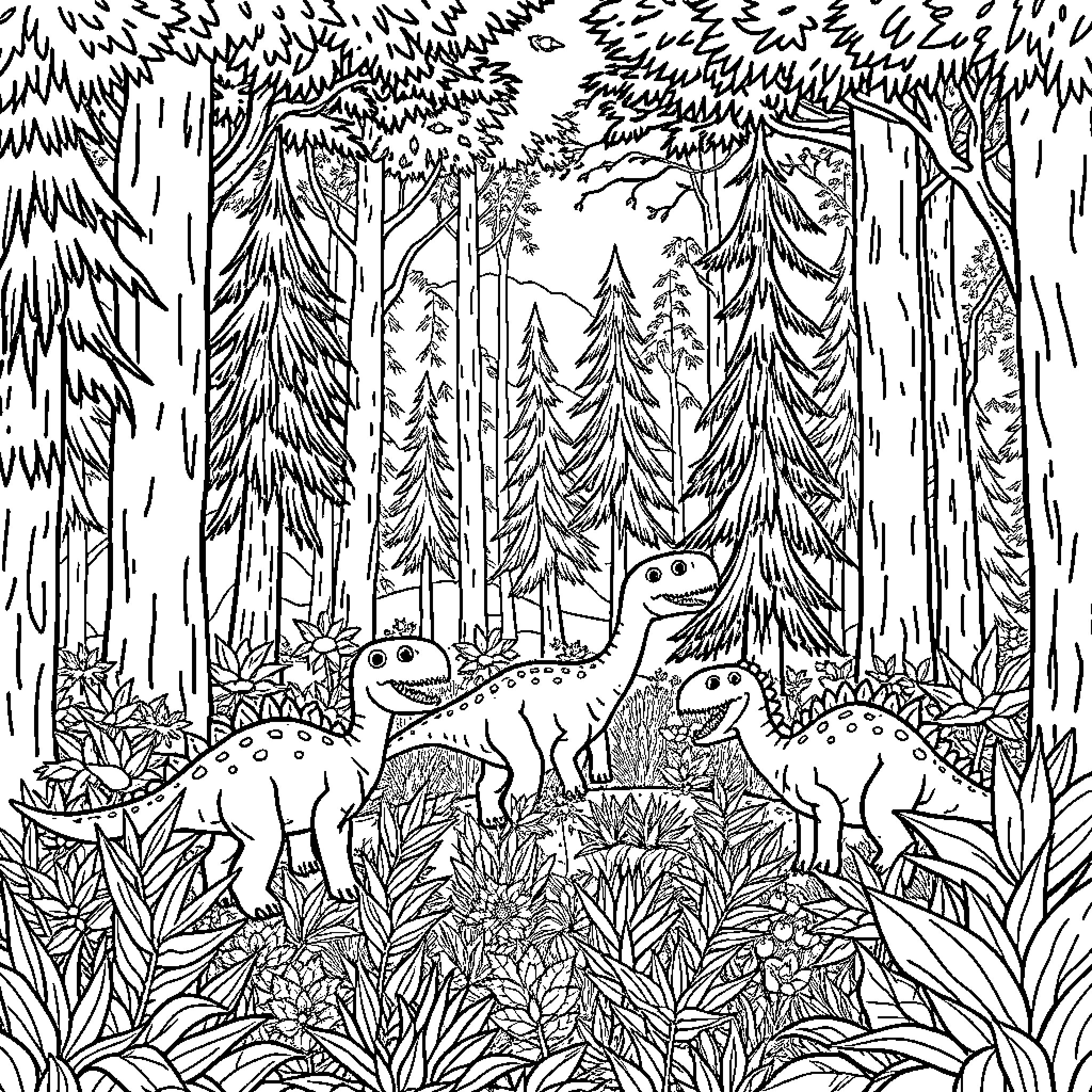 Dinosaurs exploring the lush forest Coloring Page (free black-and-white line drawing printable PDF for all, from beginners to advanced learners, including children, teens, adults, and seniors)