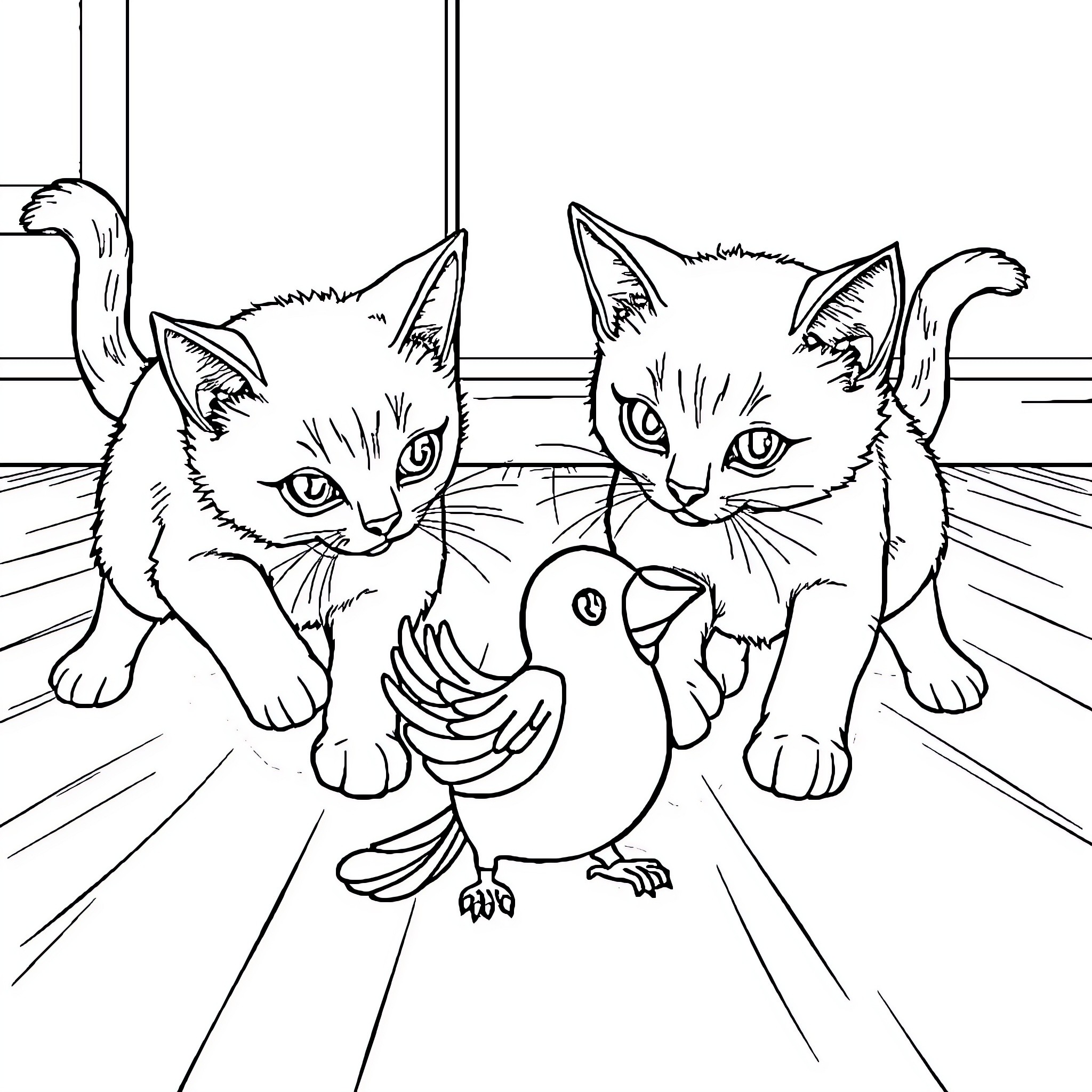 Siamese Cats Intrigued by Sparrow Coloring Page (free black-and-white line drawing printable PDF for all, from beginners to advanced learners, including children, teens, adults, and seniors)