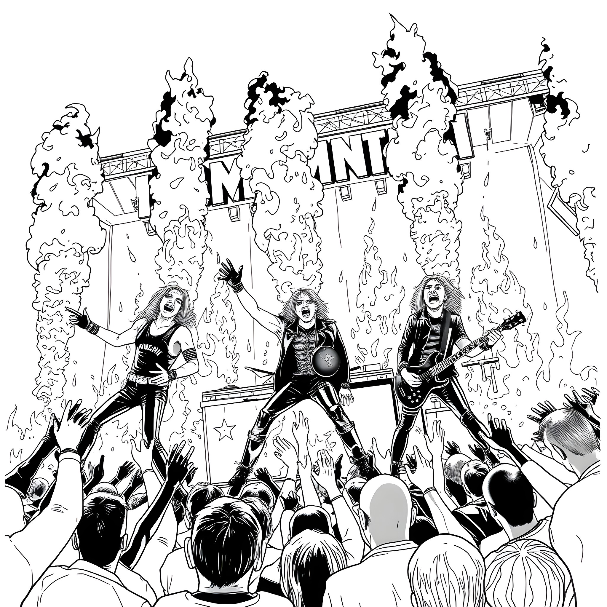 Rammstein rocking the stage with fiery performance Coloring Page (free black-and-white line drawing printable PDF for all, from beginners to advanced learners, including children, teens, adults, and seniors)